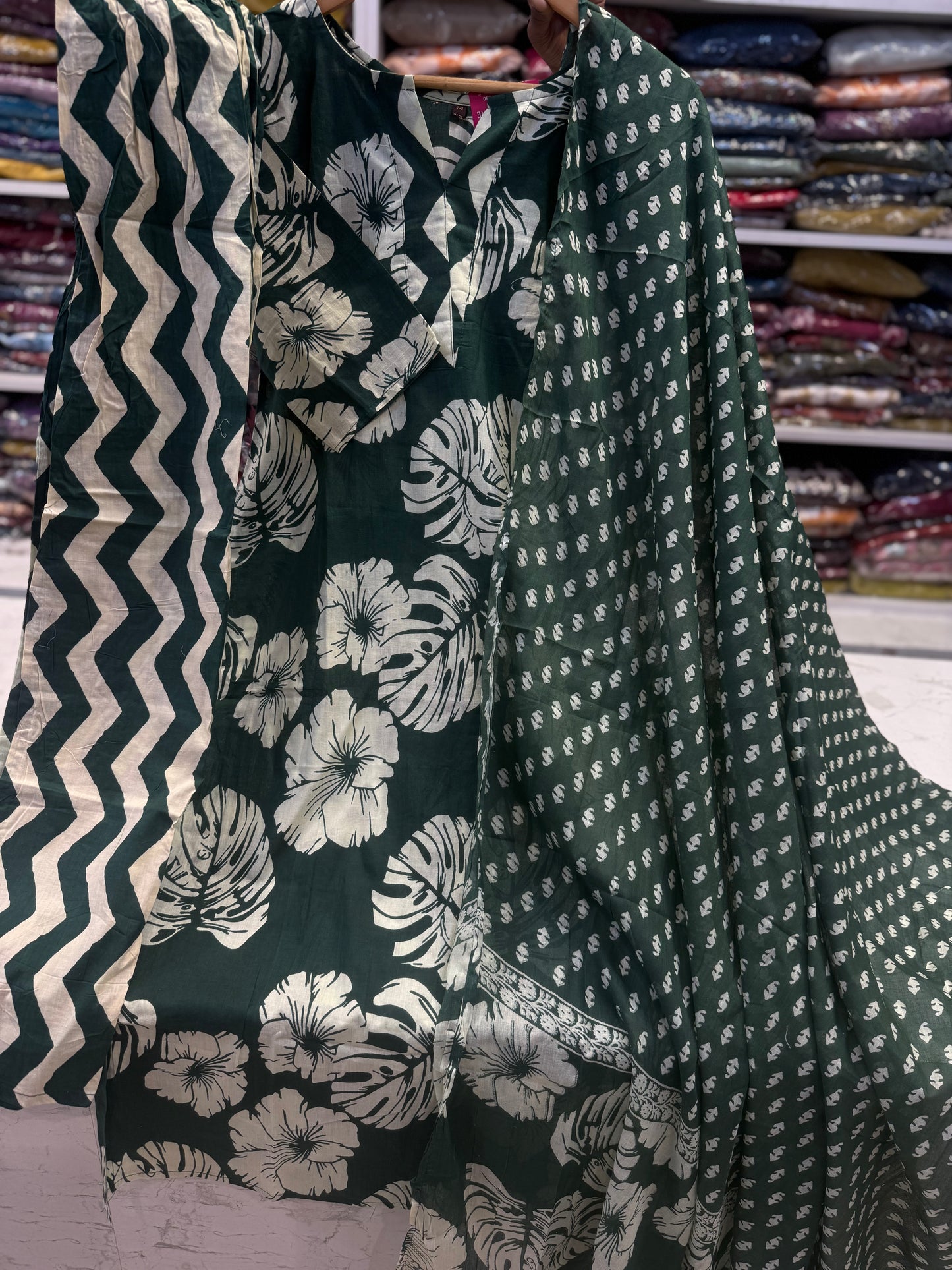Printed Green Kurti With Pant and Dupatta-HSC23