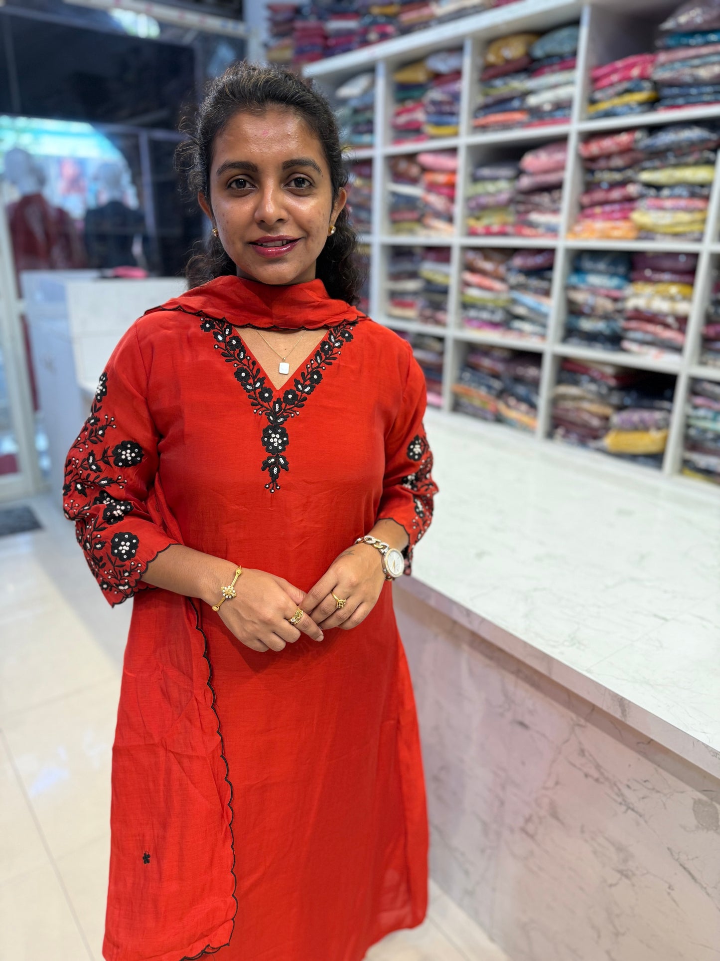 Red Pure Silk Handwork Kurti with Scallop cut work dupatta with pant-HSC42