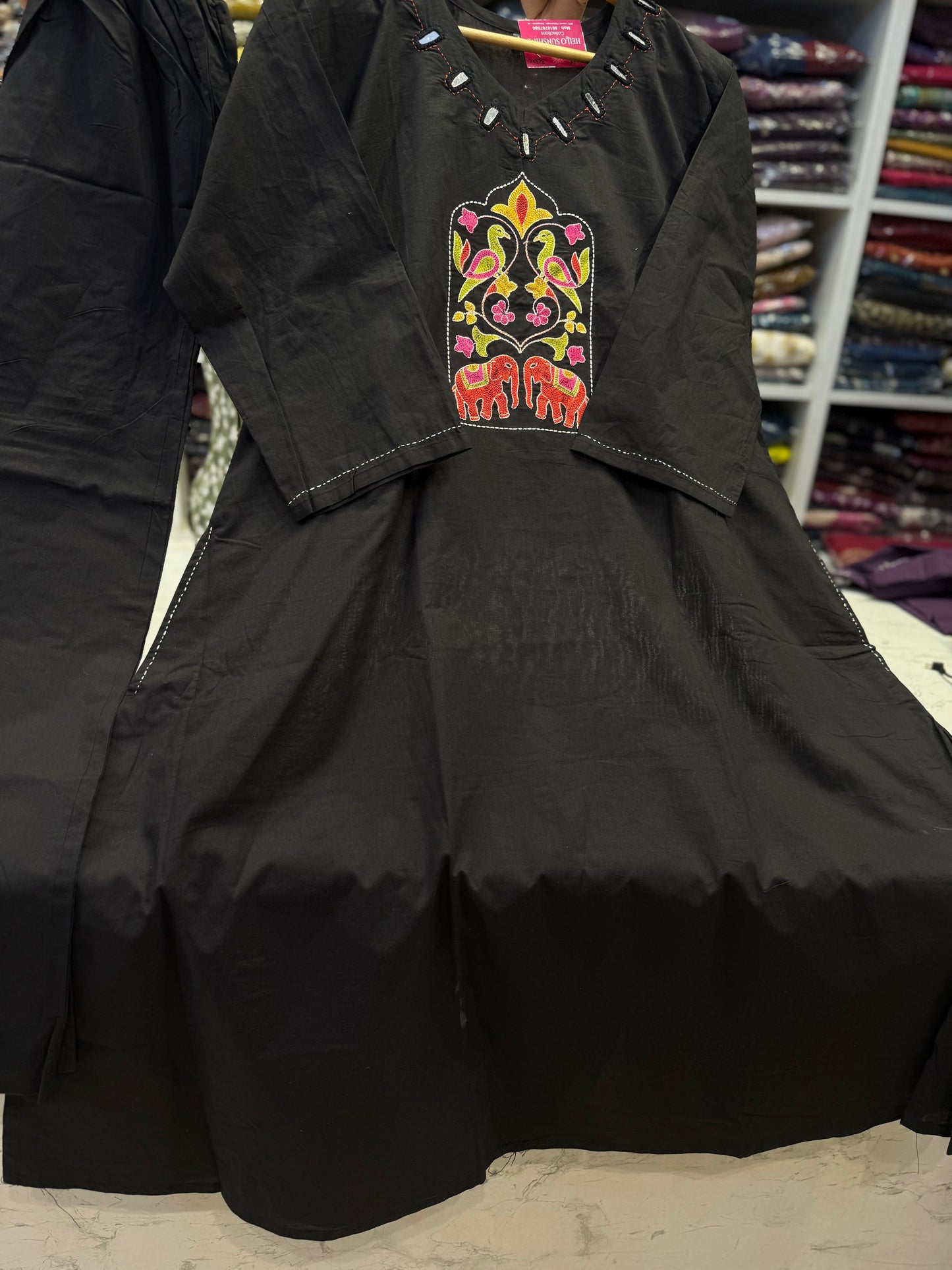 Black Pure Cotton Embroidered Kurti With Pant-HSC81