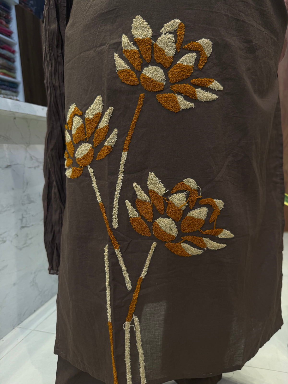 Brown Pure Cotton Embroidered Kurti With Pant and Dupatta -HSC1253