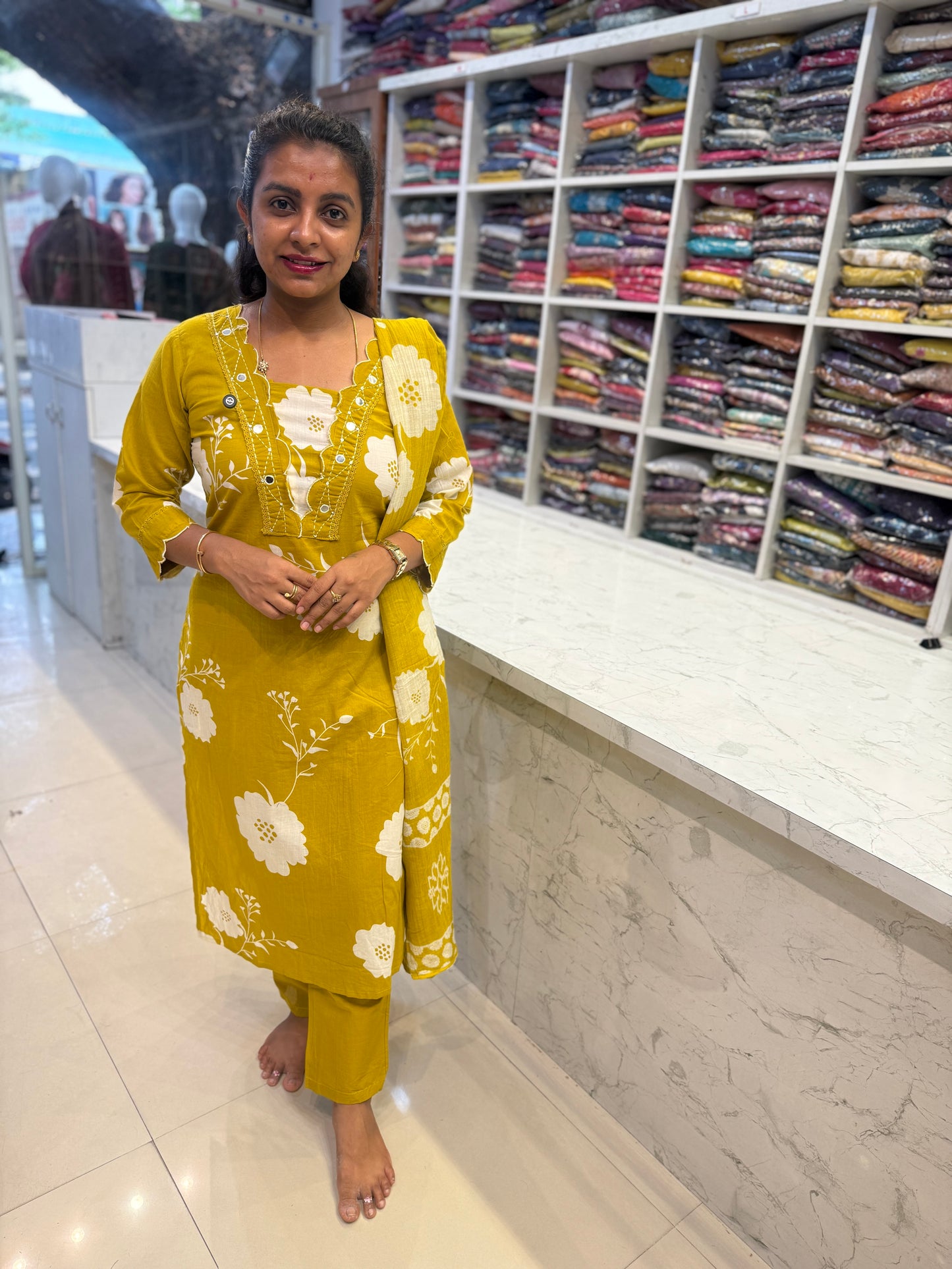 Scallop Cut Pure Cotton Kurti With Pant and Dupatta-HSC89