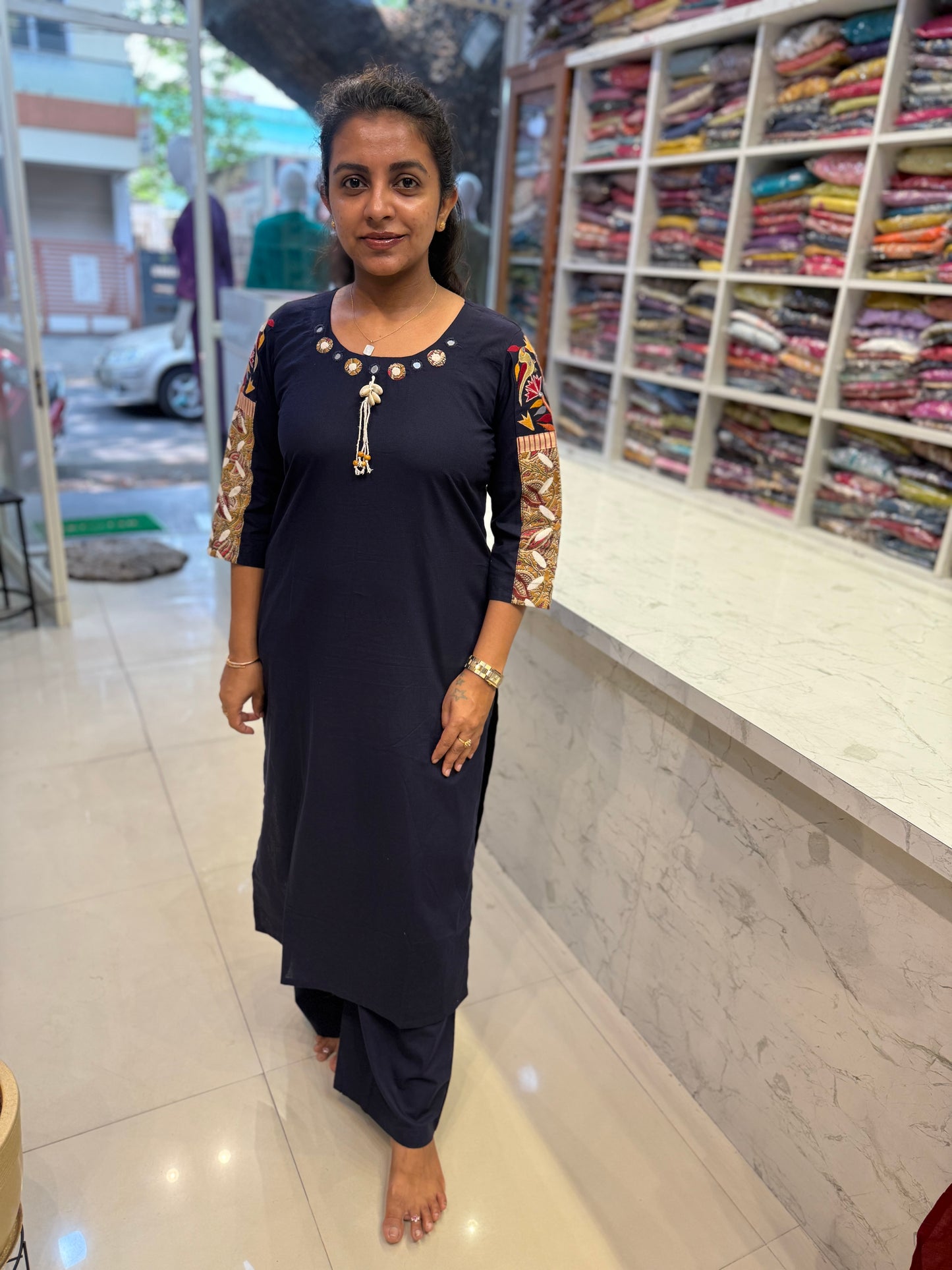 Navy Blue Embroidered Cotton Kurti With Pant-HSC76