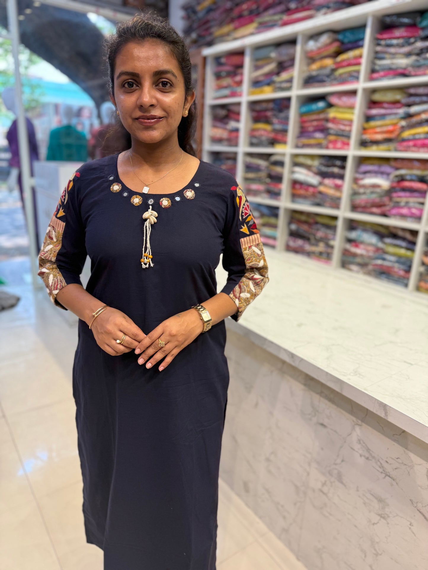 Navy Blue Embroidered Cotton Kurti With Pant-HSC76