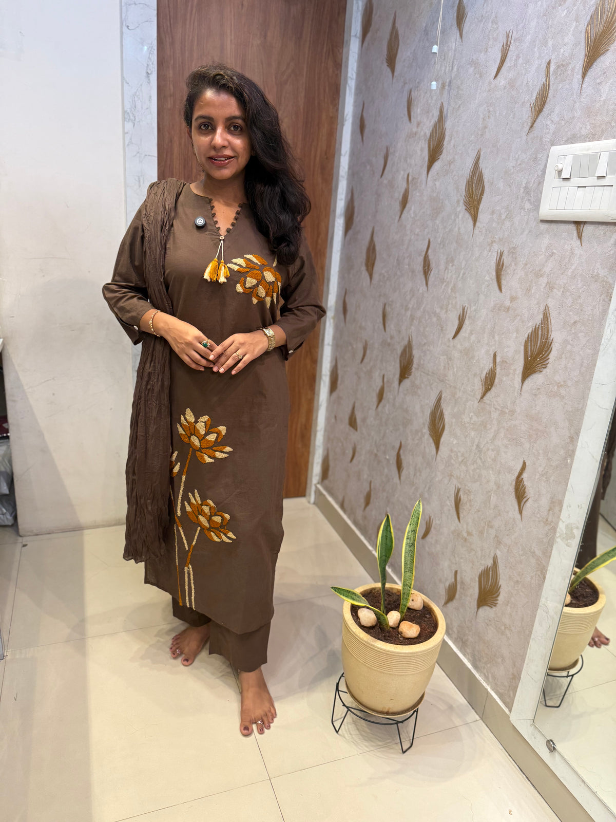 Brown Pure Cotton Embroidered Kurti With Pant and Dupatta -HSC1253