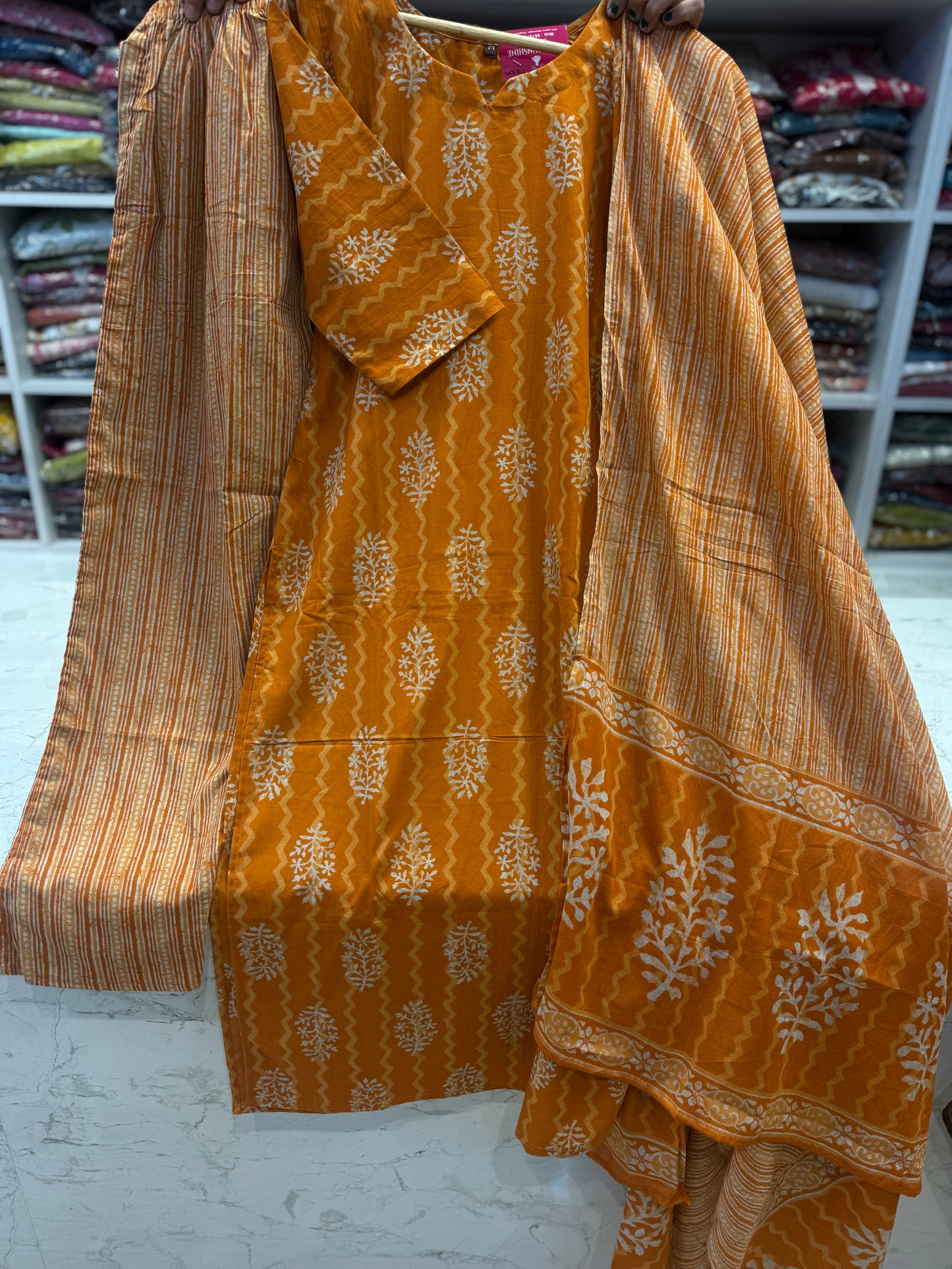 Printed Orange Pure Cotton Kurti With Pant and Dupatta