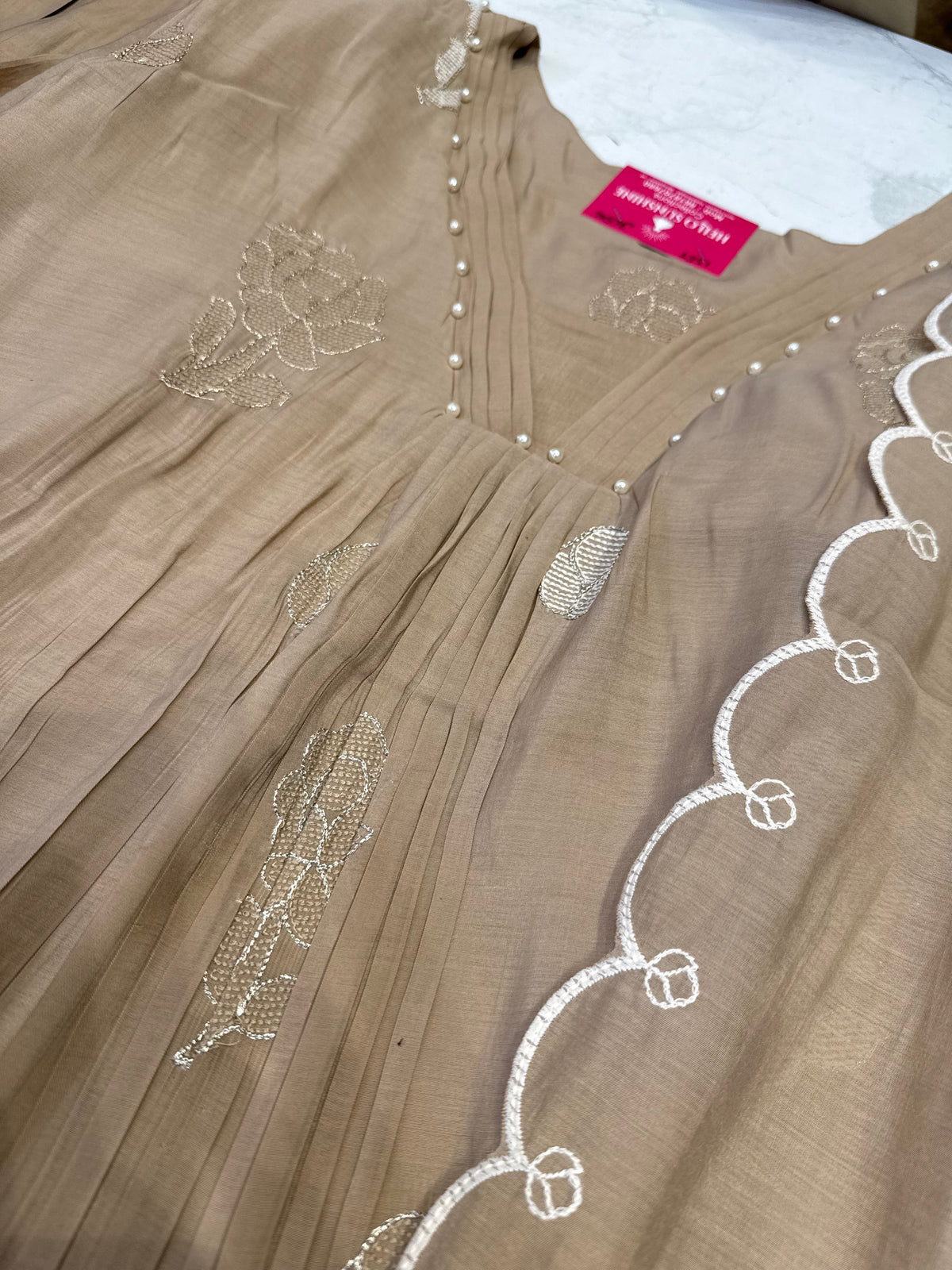 Beige Pure Silk Embroidery Kurti With Pant and Scallop Cutwork dupatta -HSC1204