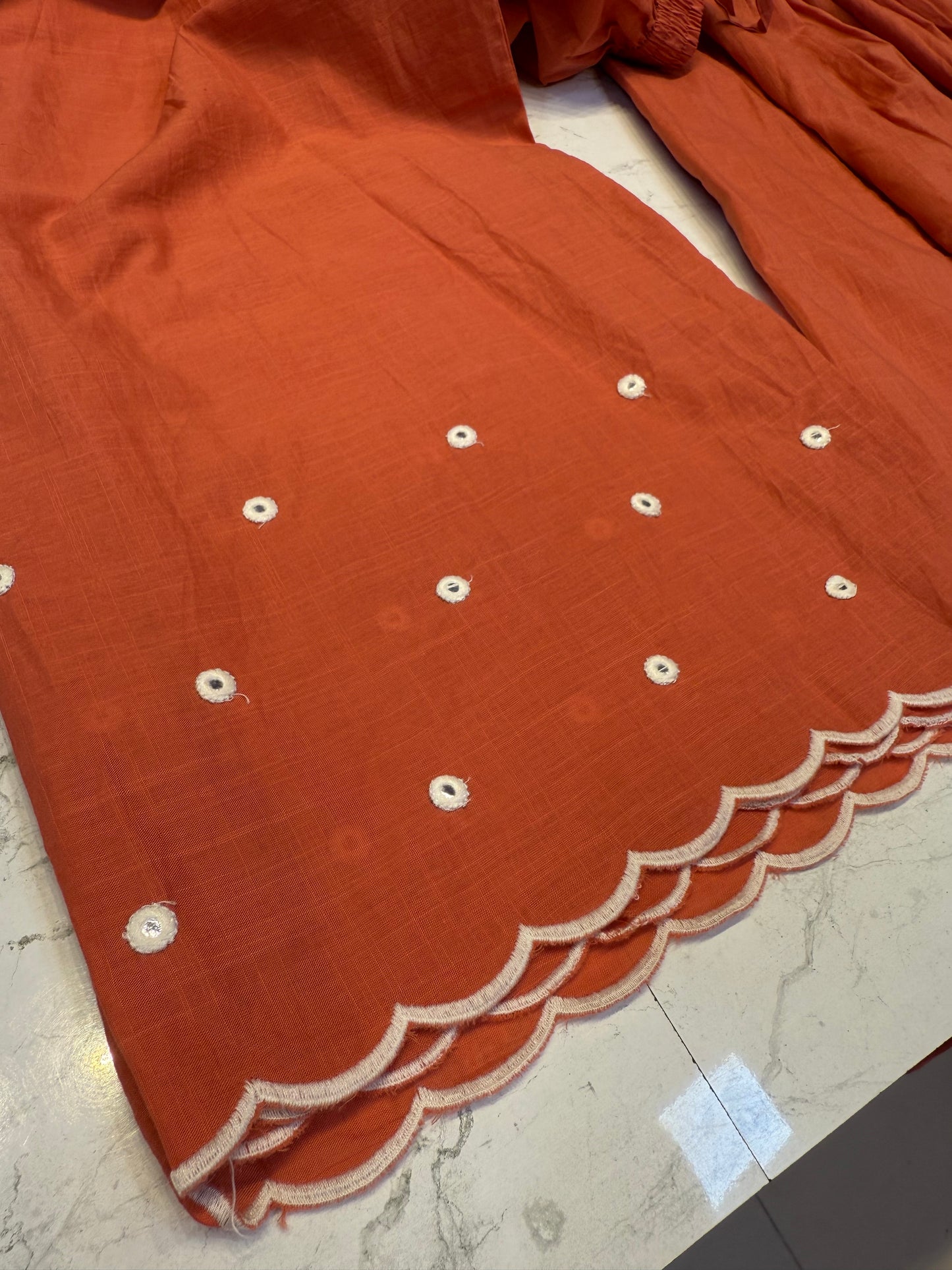Mul Cotton Mirror Embroidery with Scallop Pant Co-ords Set