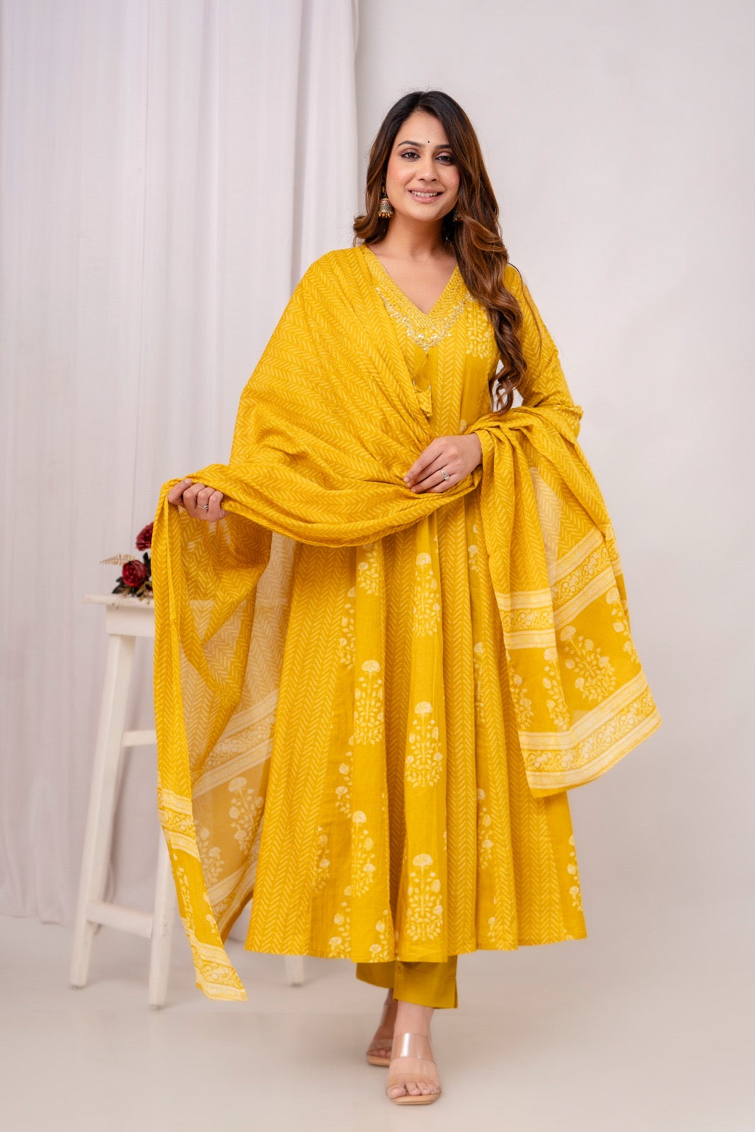Mustard Anarkali Pure Cotton Kurti With Pant and Dupatta-HSC106