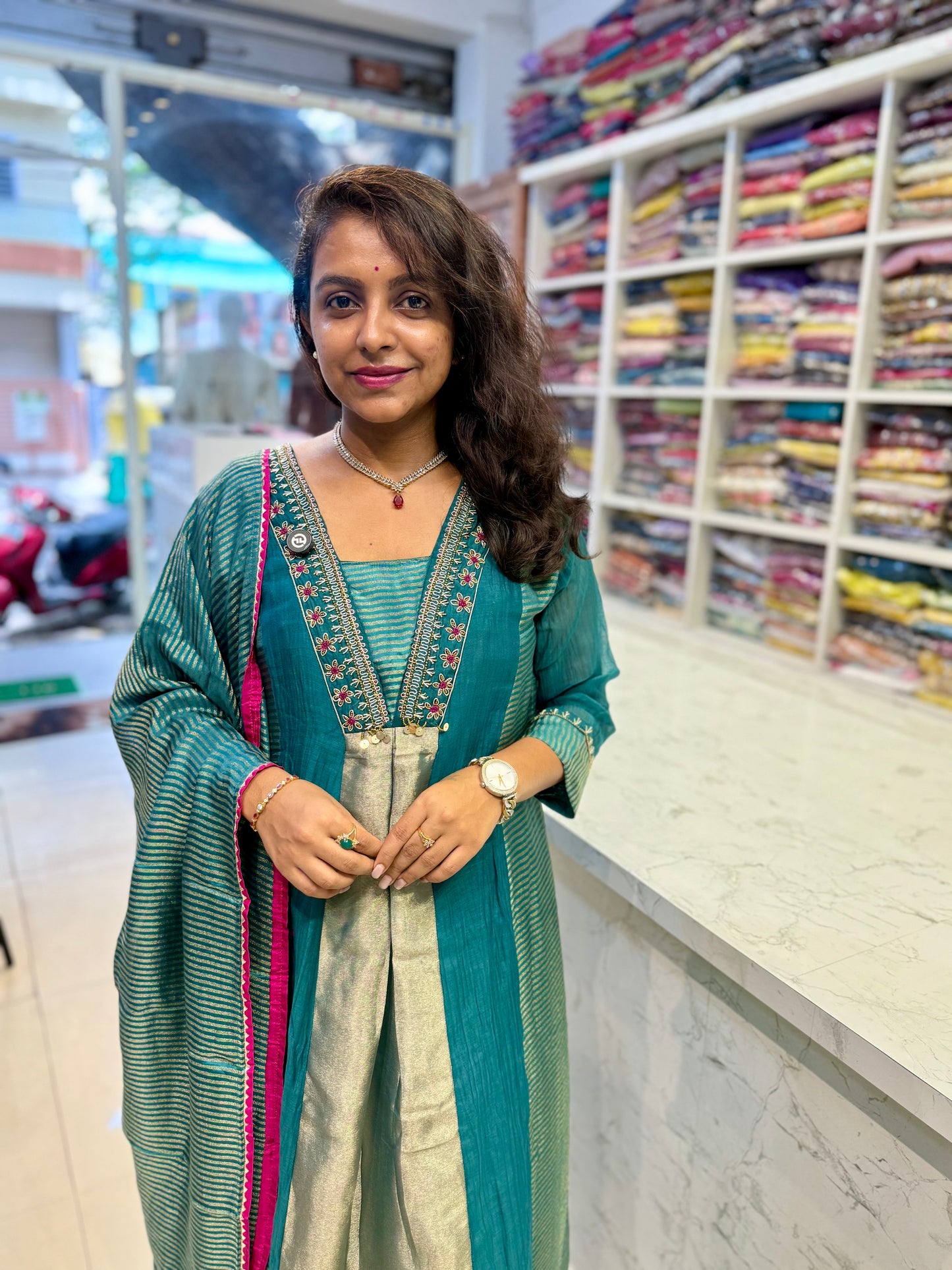Teal Blue Pure Banarasi Mul Chanderi A-line Kurti With Pant and Dupatta