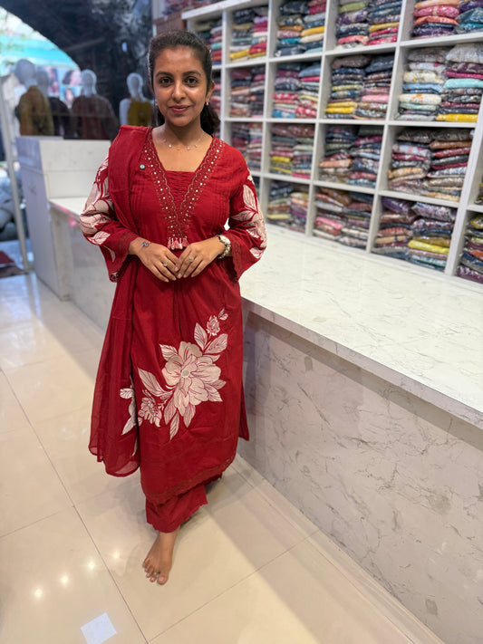 Red Pure Cotton Lace detail Kurti With Pant and Dupatta