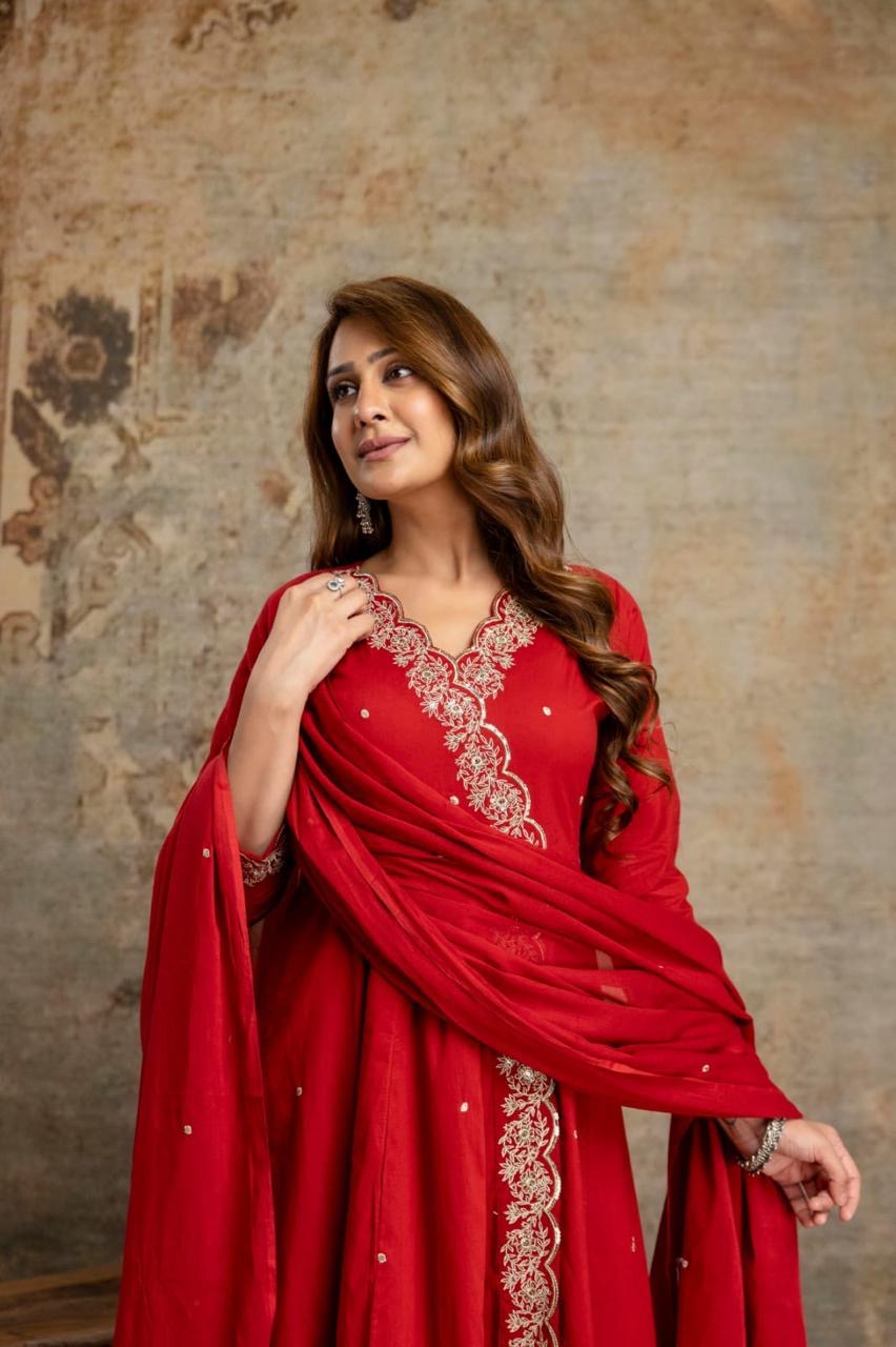 Red Pure Cotton Embroidered Angarkha Kurti With Pant and Dupatta - HSC1200