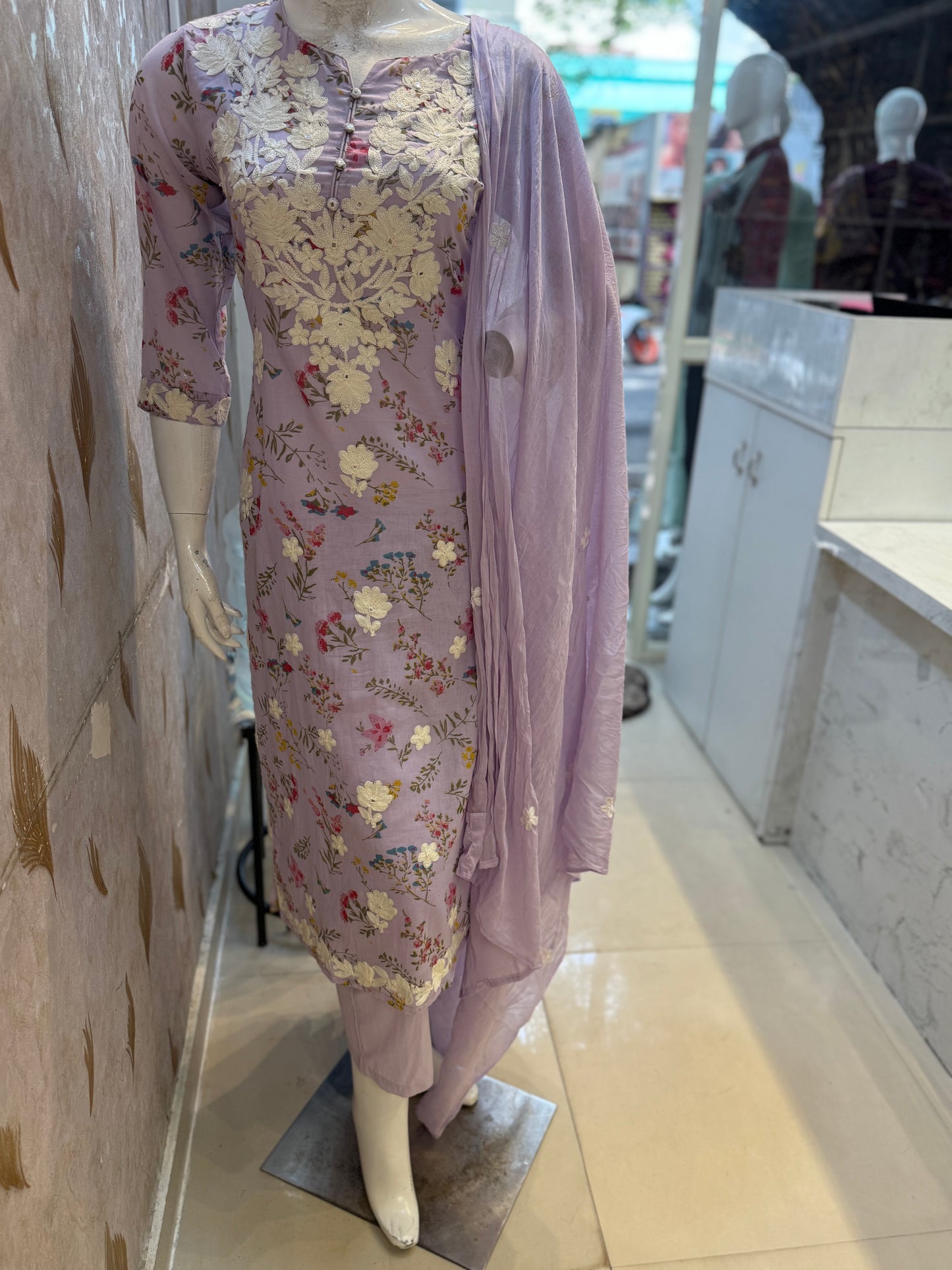Lilac Chikankari Mul Cotton Straight Kurta with Pant and Dupatta-HSC160