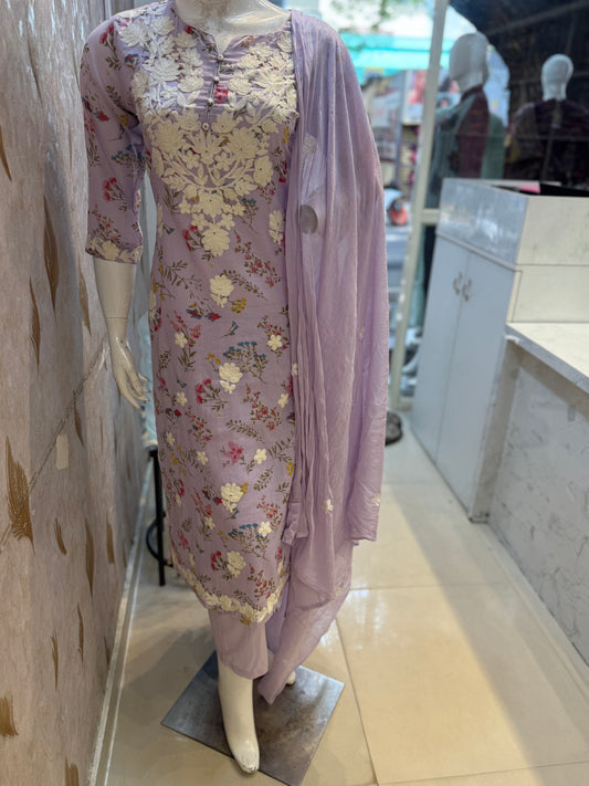 Lilac Chikankari Mul Cotton Straight Kurta with Pant and Dupatta-HSC160