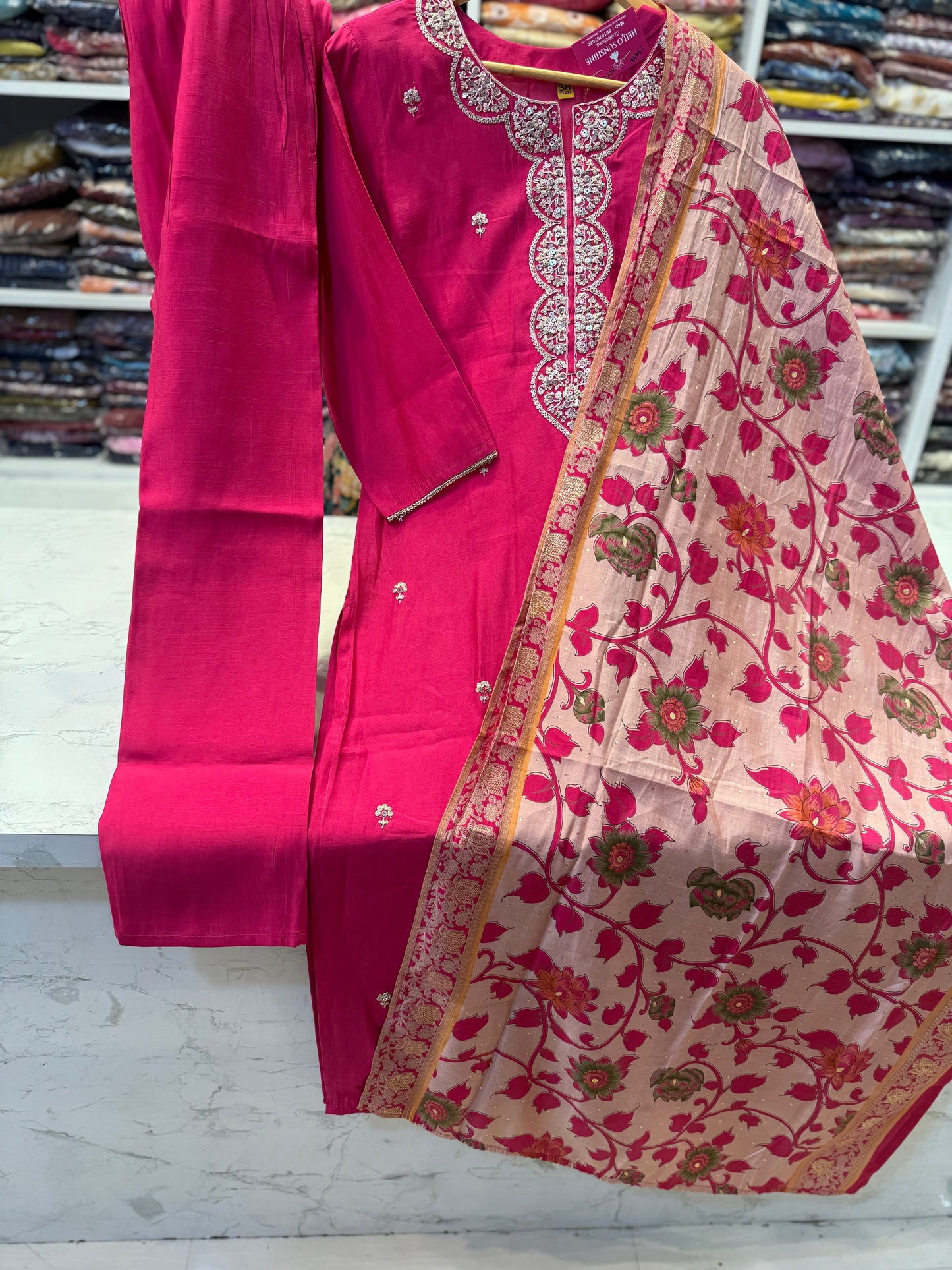 Floral Pink Semi Party wear Kurti With pant and Printed Dupatta