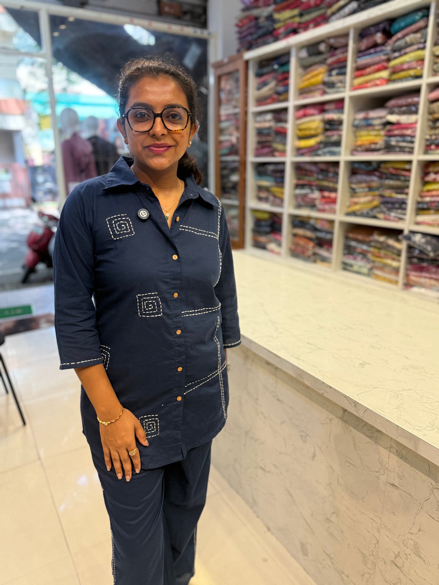 Blue Cotton Embroidered Co-ords Set