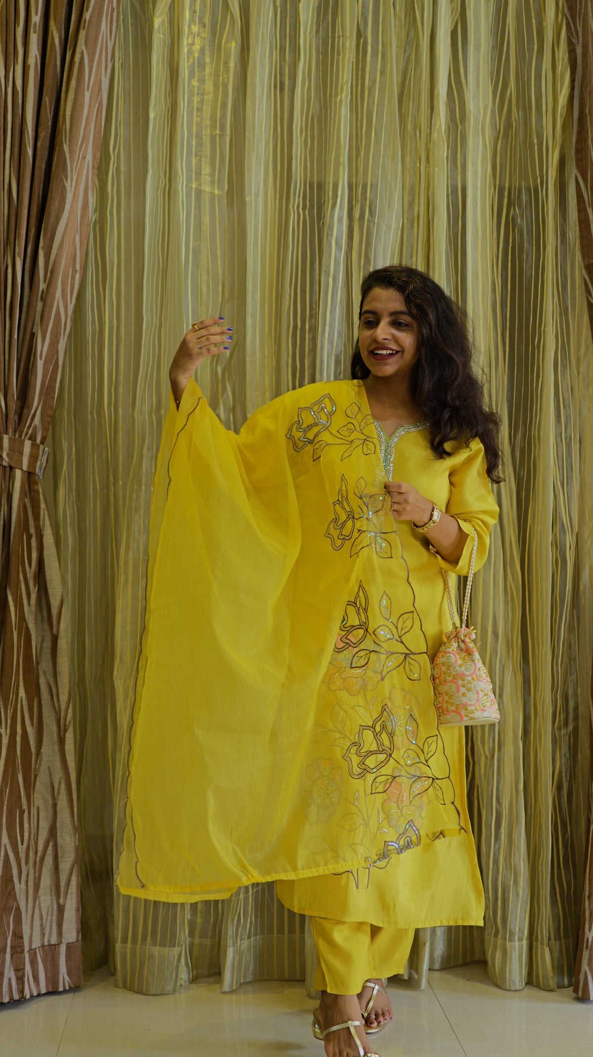 Yellow Pure Tissue Silk Kurti With Pant and Dupatta -HSC1238