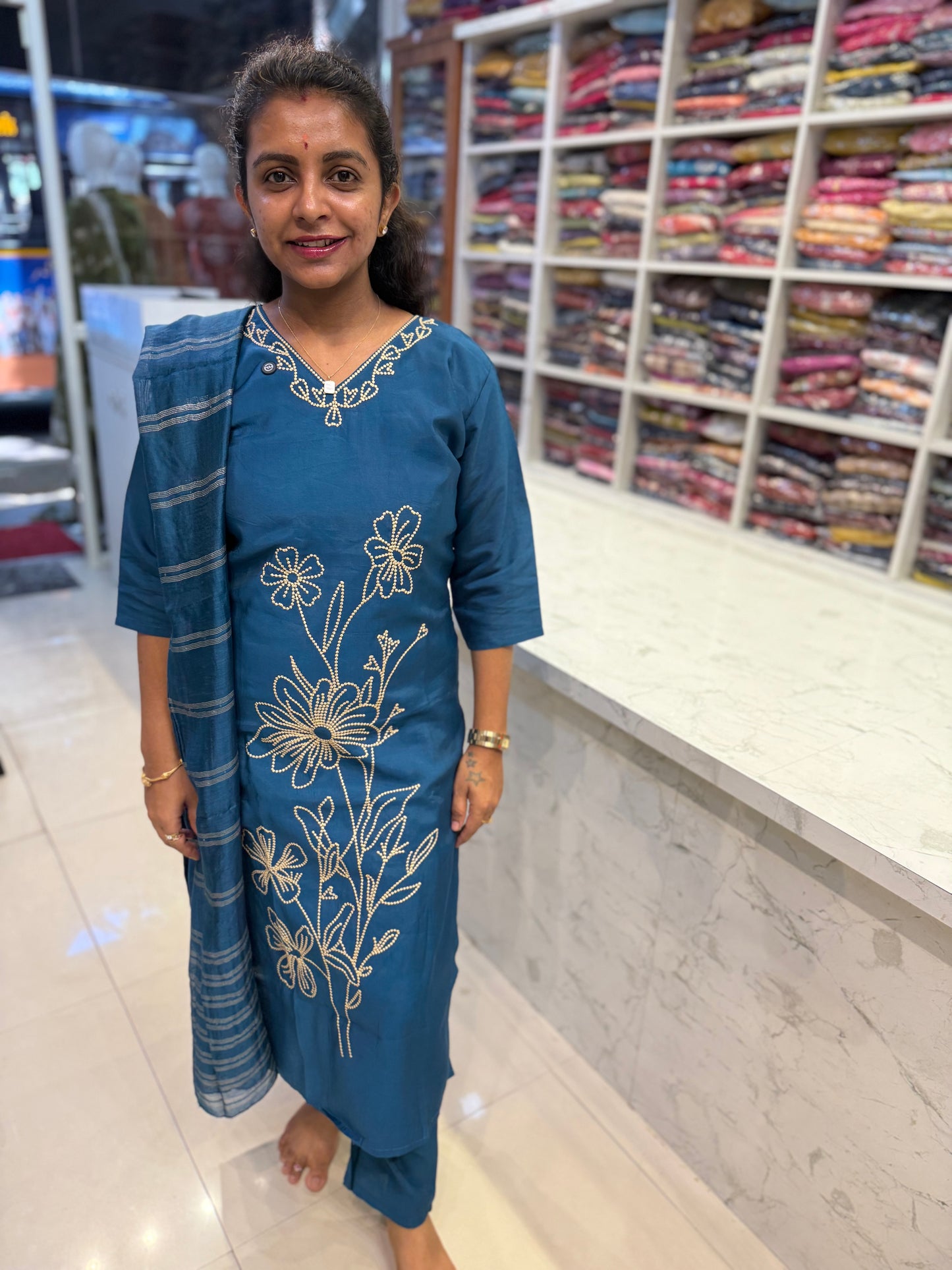 Blue Roman Silk Semi-Party wear thread Work Kurti With pant and Dupatta