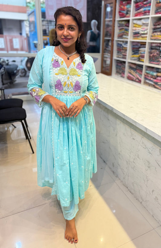 Sky Blue Cotton Kurti with Pant and Dupatta