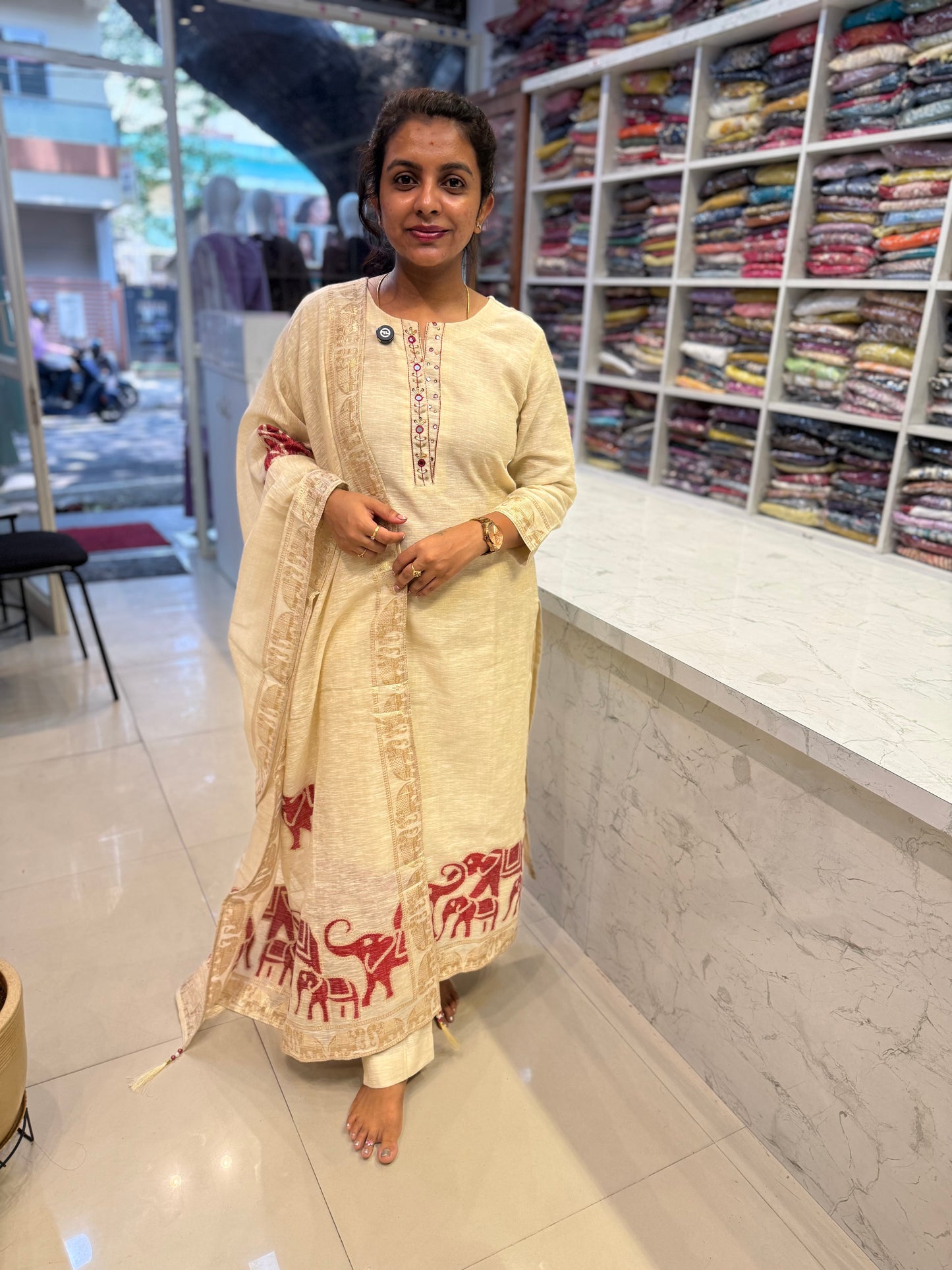Elephant Half White Pure Jamdani Weaving Kurti With Pant and Dupatta-HSC113