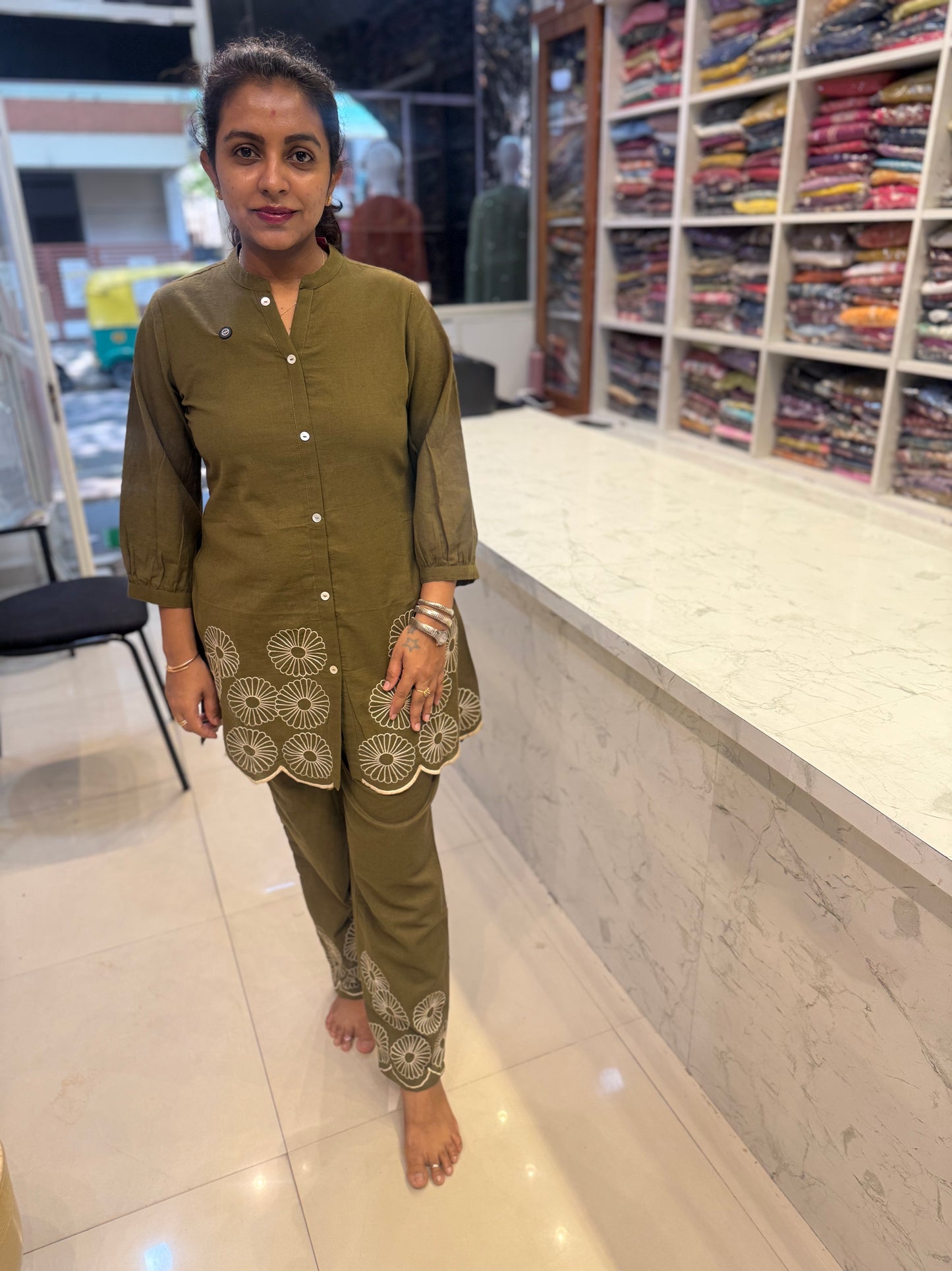 Green Scallop Cut Embroidery Pure Cotton Co-ords Set-HSC68