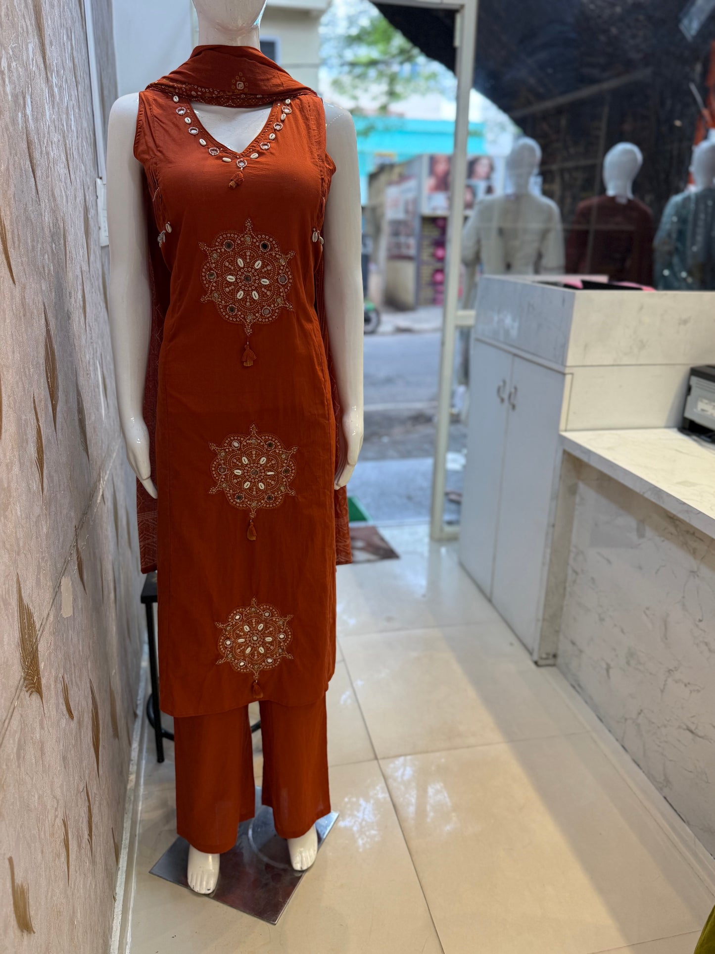 Bandini Printed Rust Orange Pure Cotton Kurti With Pant and Dupatta