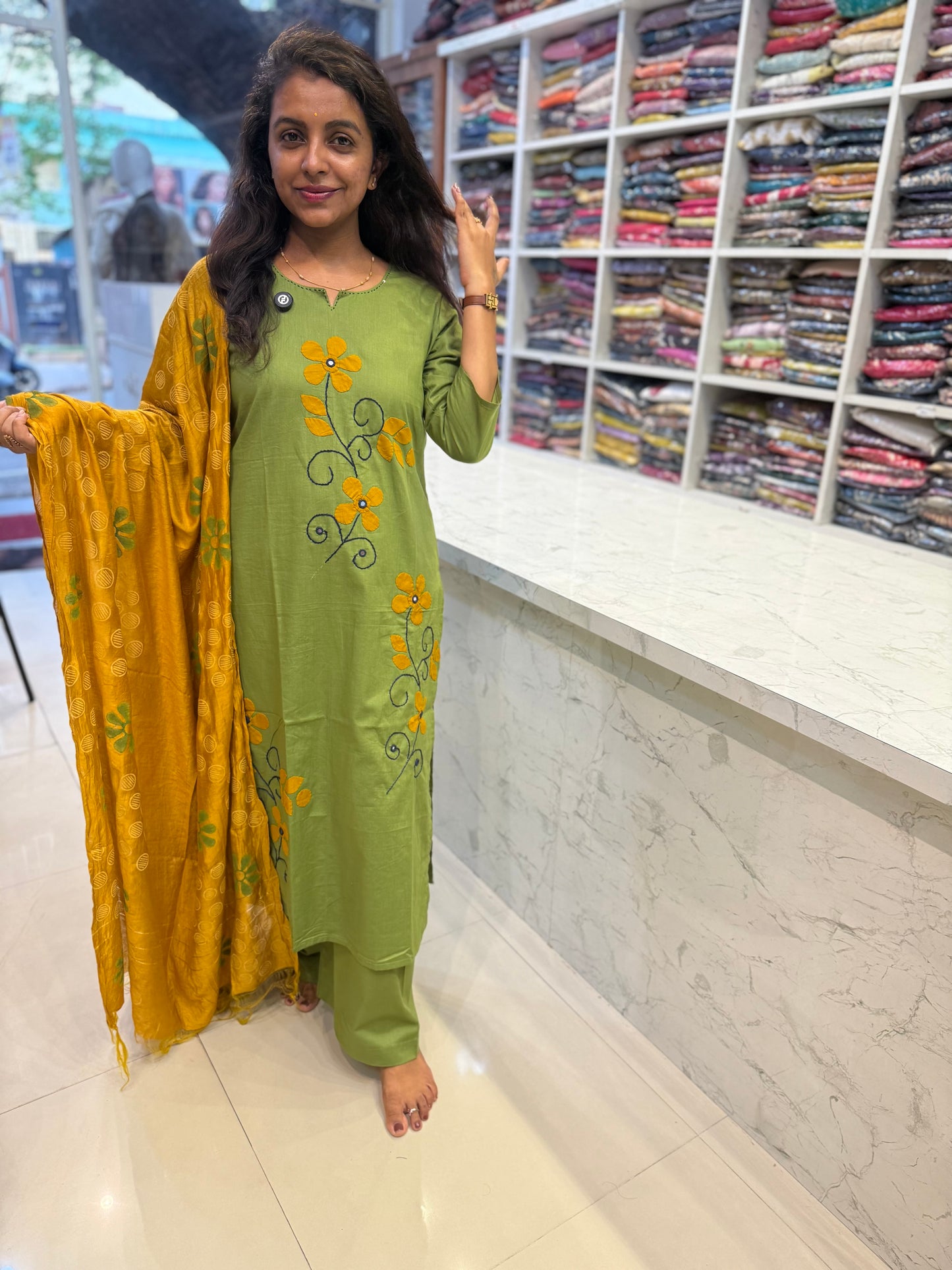 Appliqué Pure Cotton Embroidered Kurti With Pant and Dupatta-HSC132