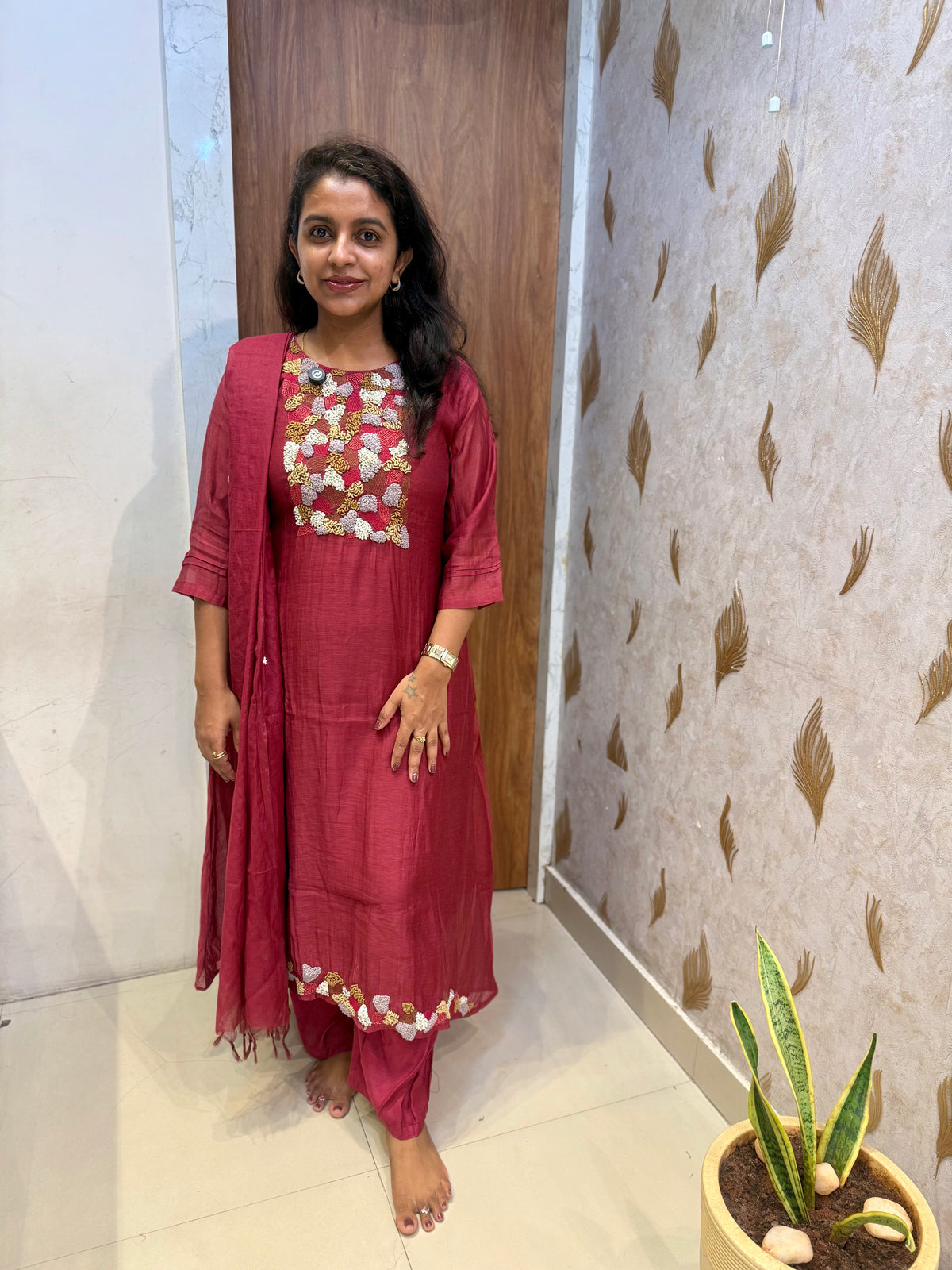 Pure Banarasi Mul Chanderi A-line Thread Embroidery Kurti With Pant and Dupatta -HSC1224