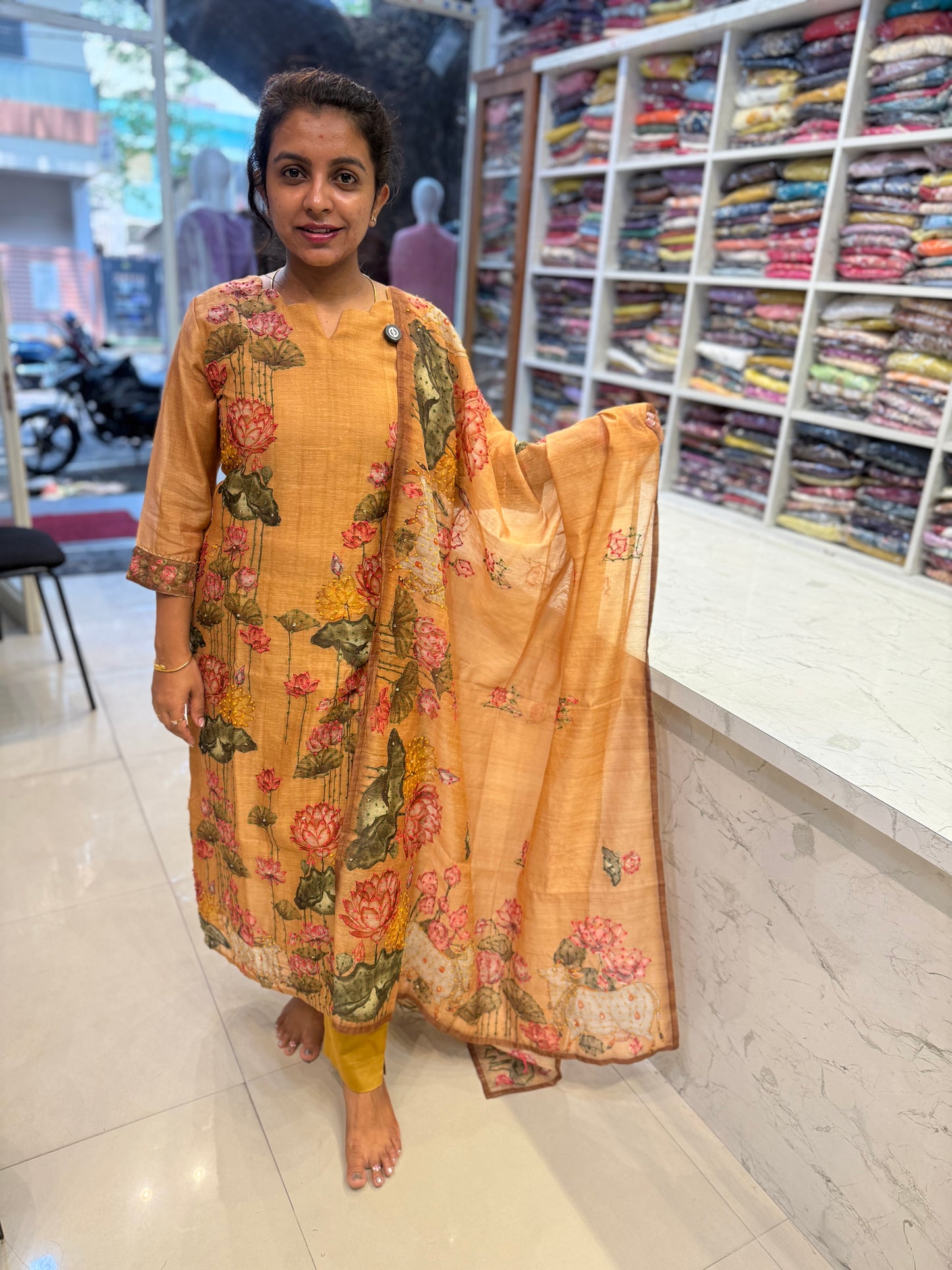 Pure Linen Lotus Knot Work Kurti With Pant and Dupatta-HSC112