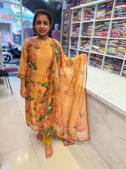 Pure Linen Lotus Knot Work Kurti With Pant and Dupatta-HSC112