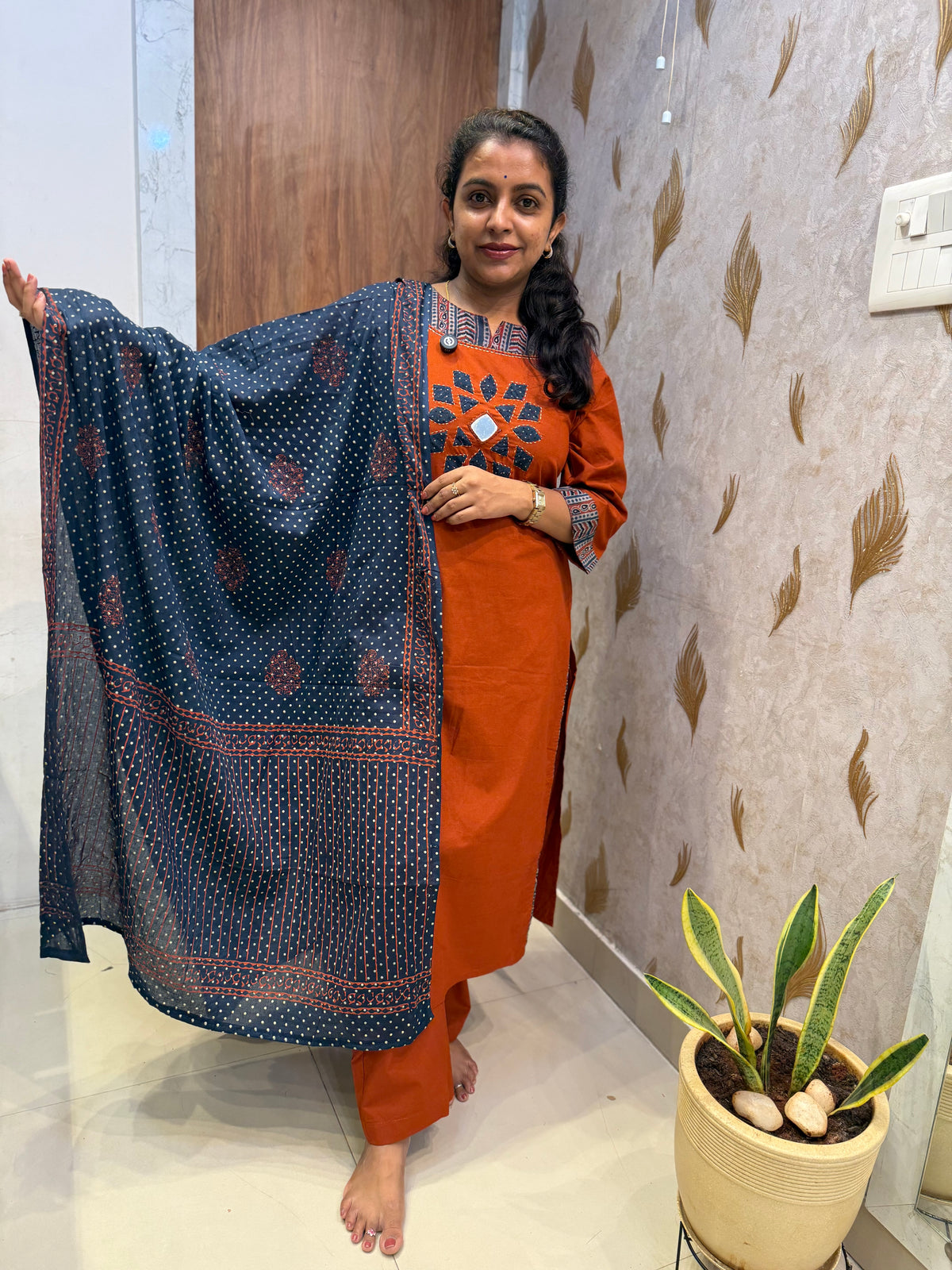 Applique Rust Orange With Blue Pure Cotton Kurti With Pant and Dupatta - HSC1194