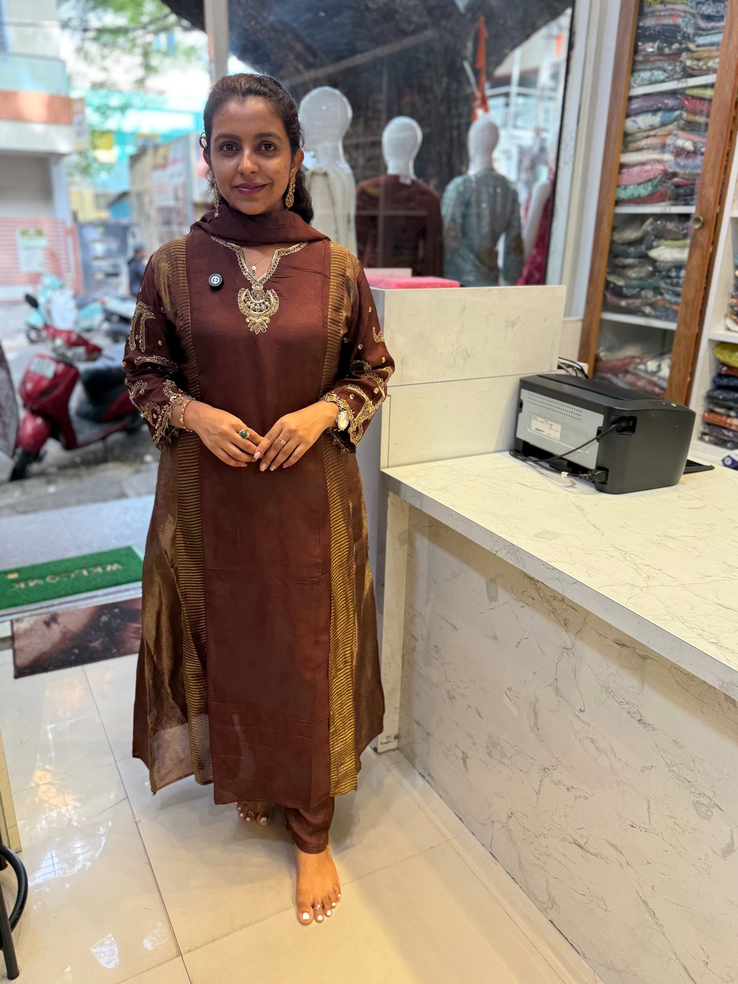 Brown Pure Banarasi Mul-Chanderi A-line Kurti With Pant and Dupatta