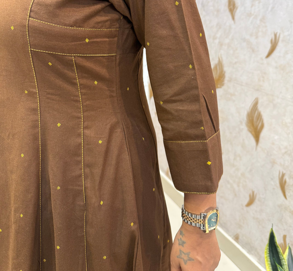 Pure Cotton Brown A-line Kurti With Pant and Dupatta -HSC1315