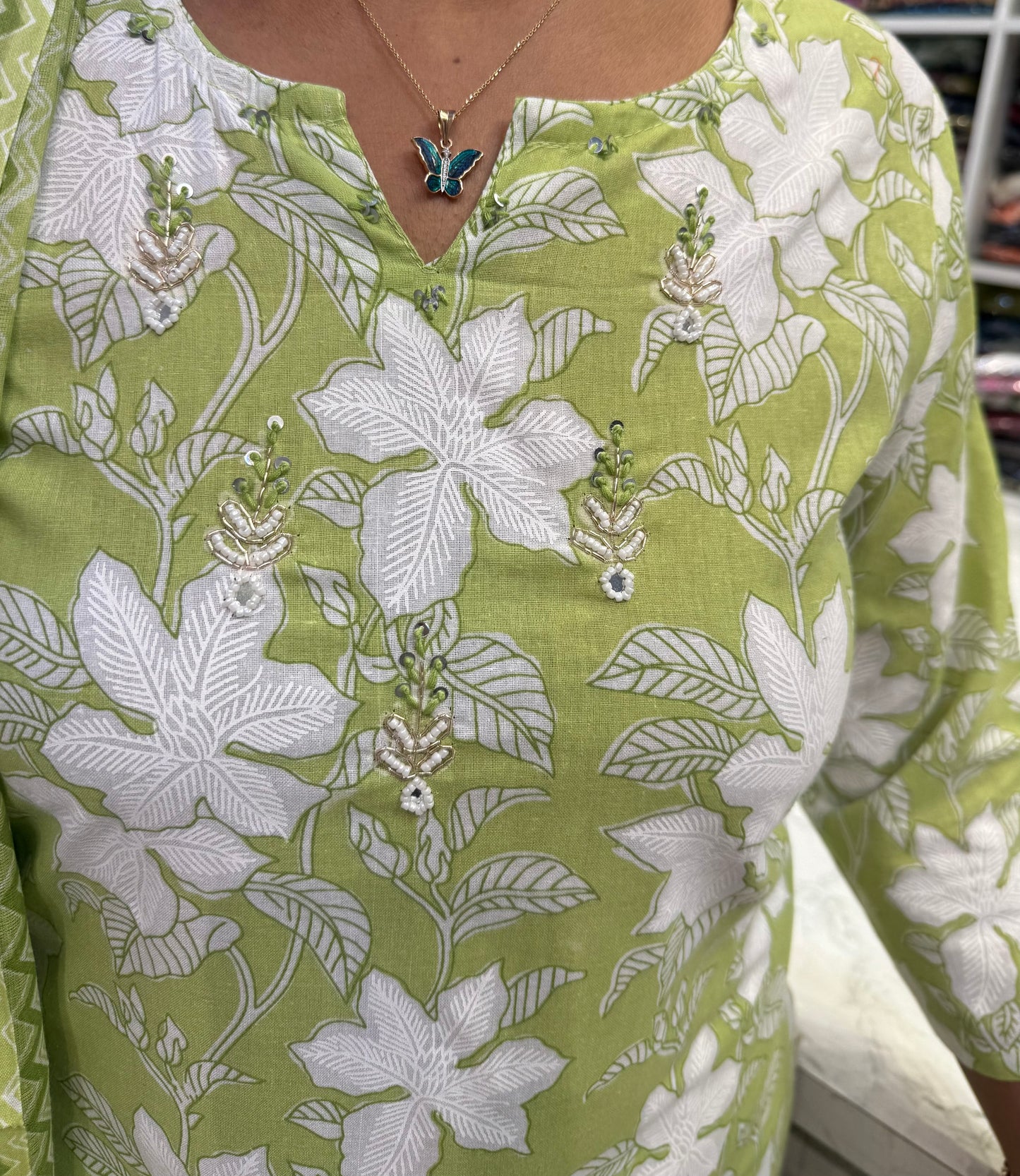 Green Cotton Kurti With Pant and Dupatta