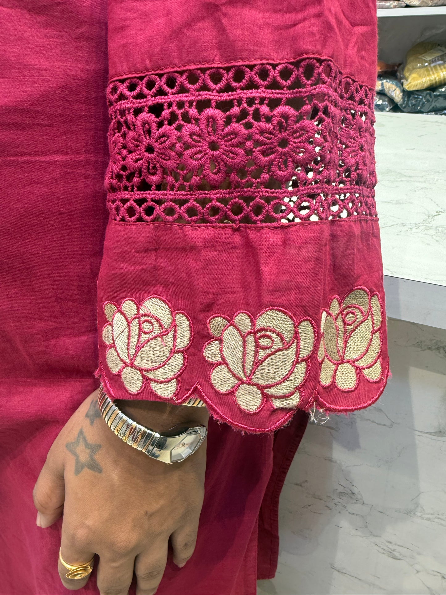 Scallop Cut Work Embroidery Kurti With Pant and Dupatta