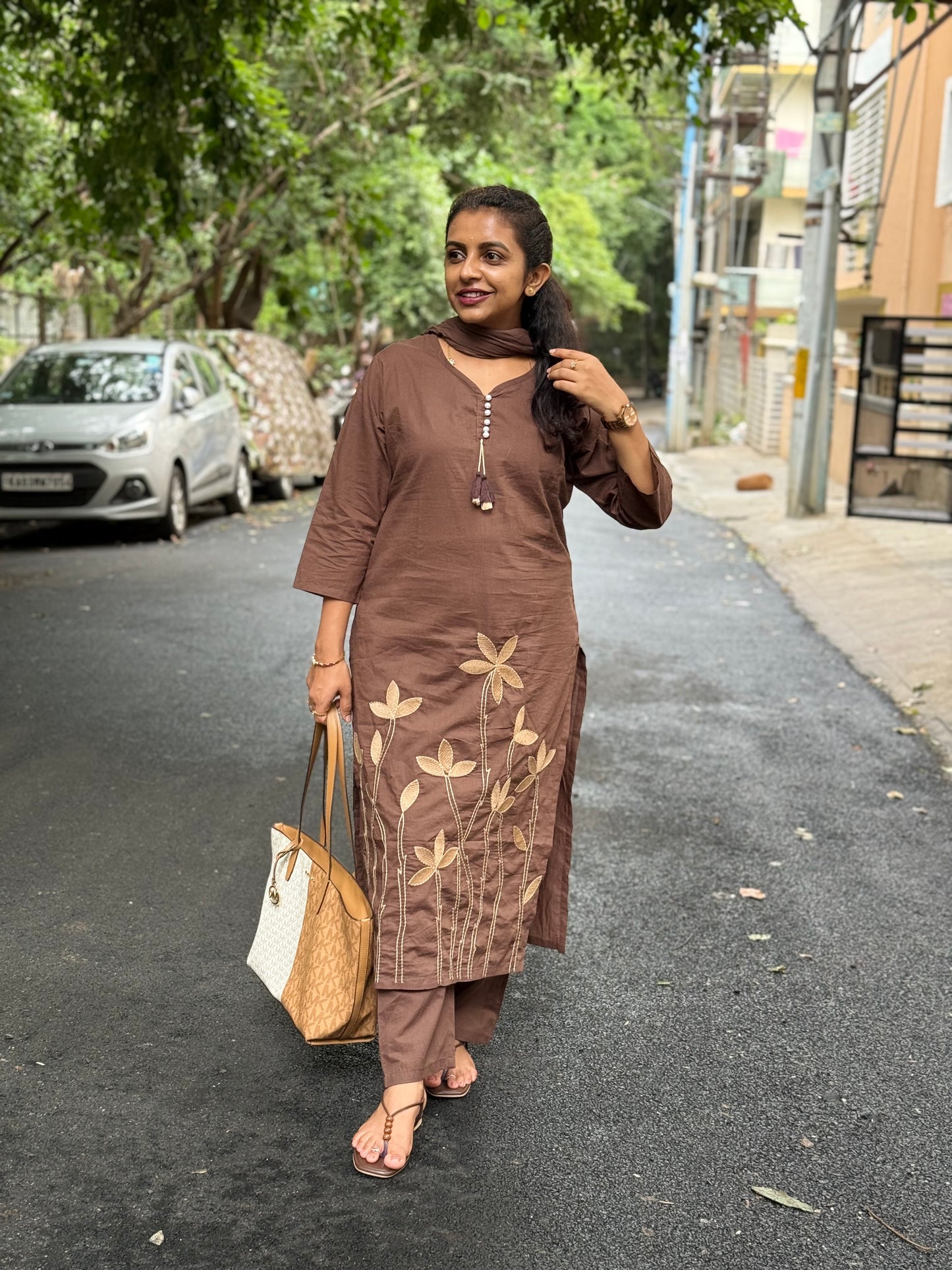 Brown Pure Cotton Embroidered Kurti With Pant and Dupatta -HSC1172