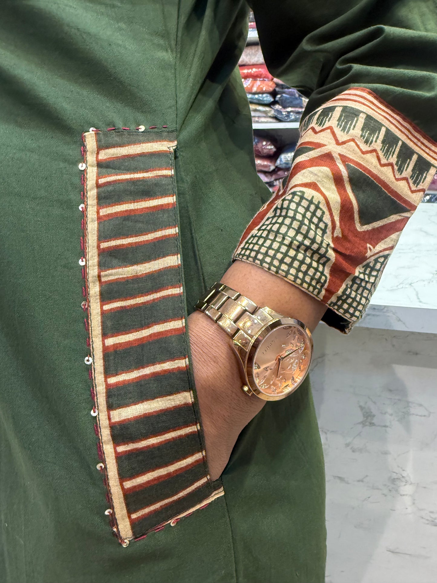 Two Sides Pockets Green Backside Patch Work Printed Kurti With pant and Dupatta-HSC86