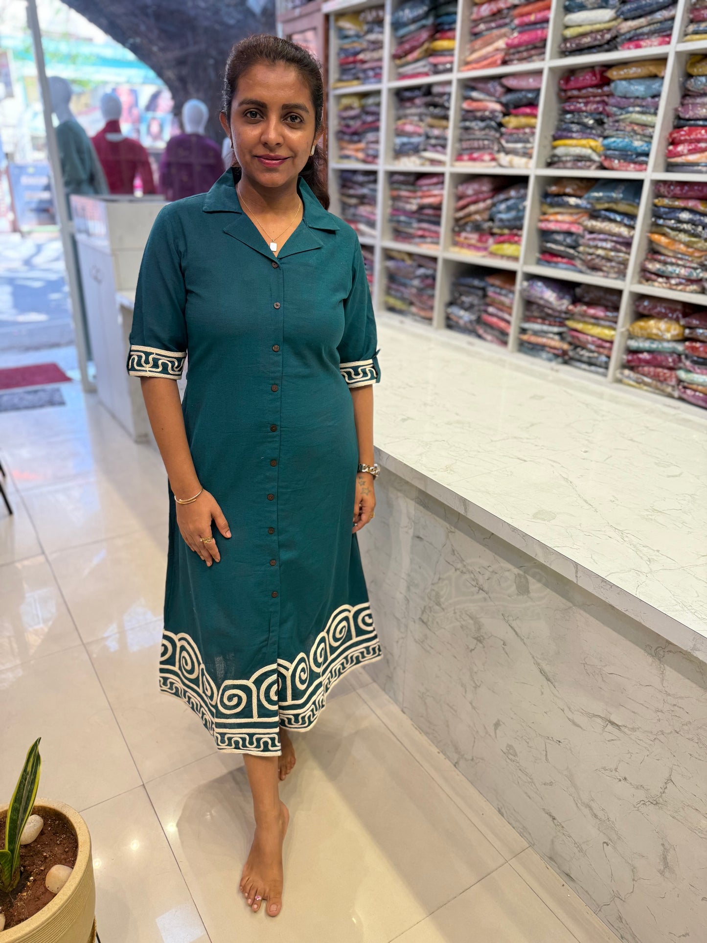 Green Maxi A-line Embroidery Dress-HSC7