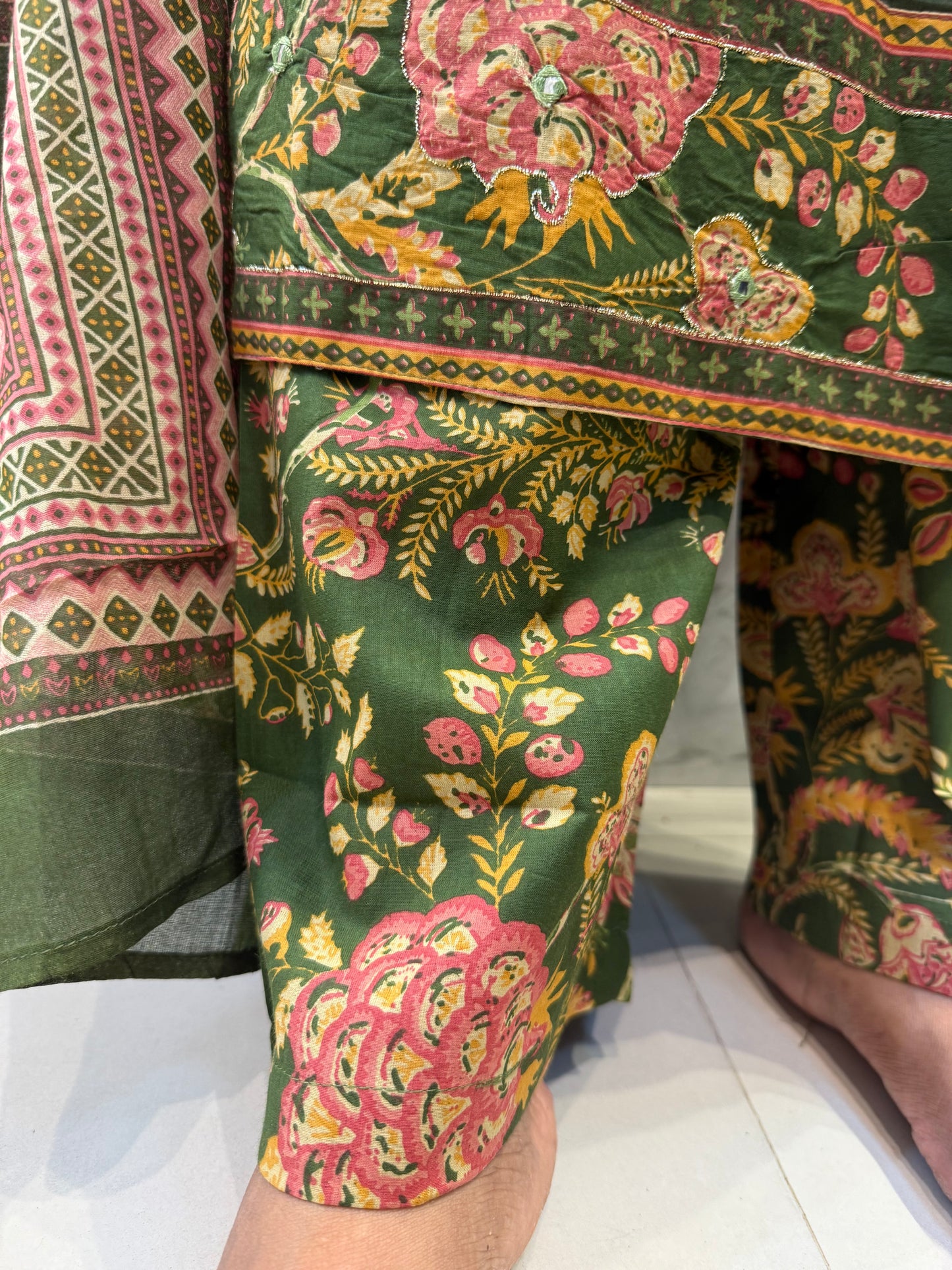 Green Pure Cotton Printed Pant With Kurti with Dupatta-HSC127