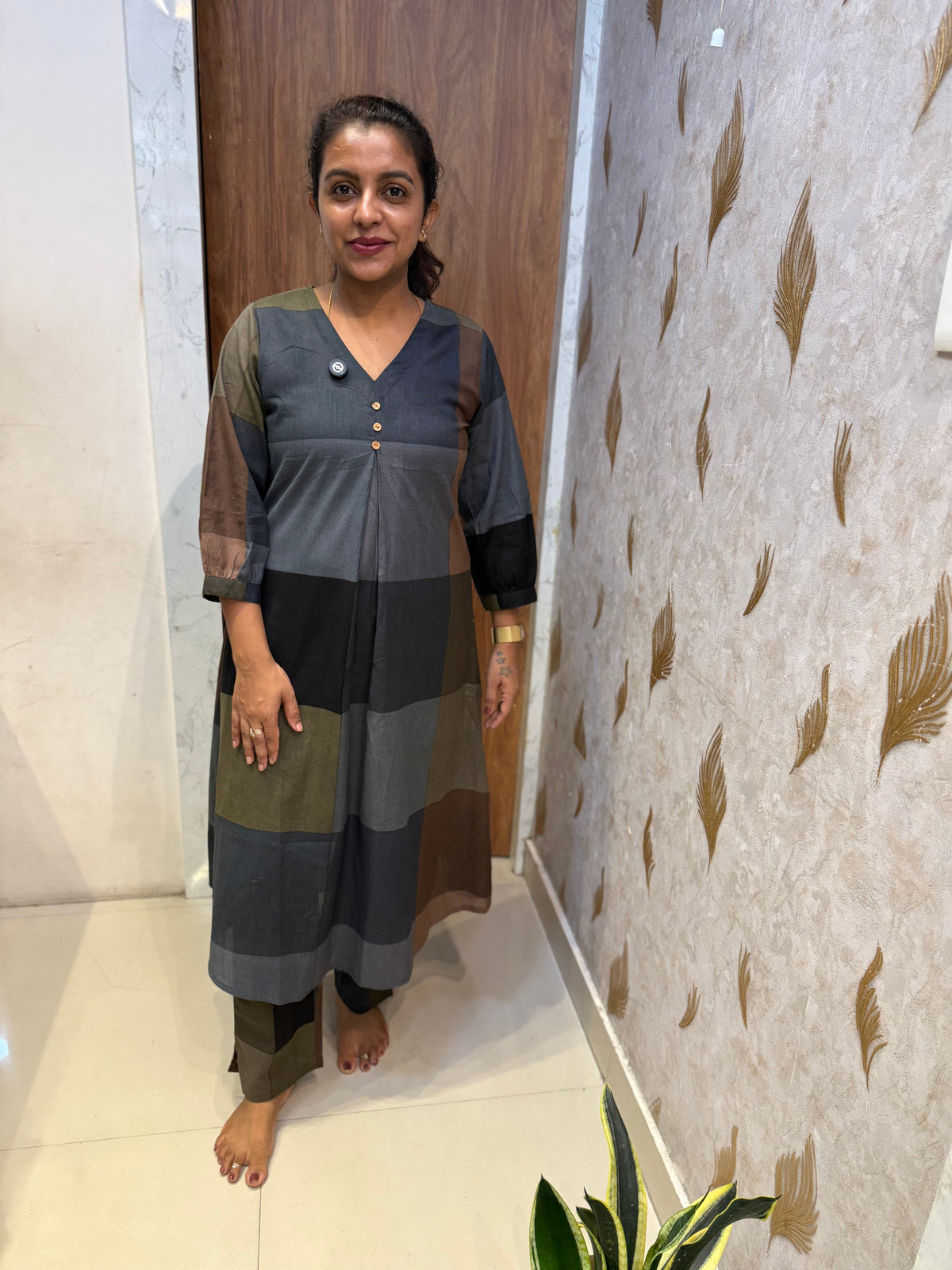 Black Checks Pure Cotton Kurti With Pant -HSC1308