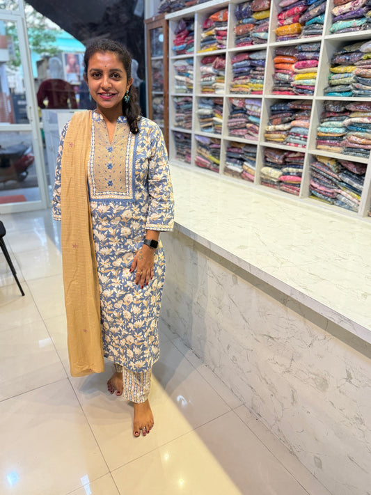 Blue with Cream Cotton Salwar set