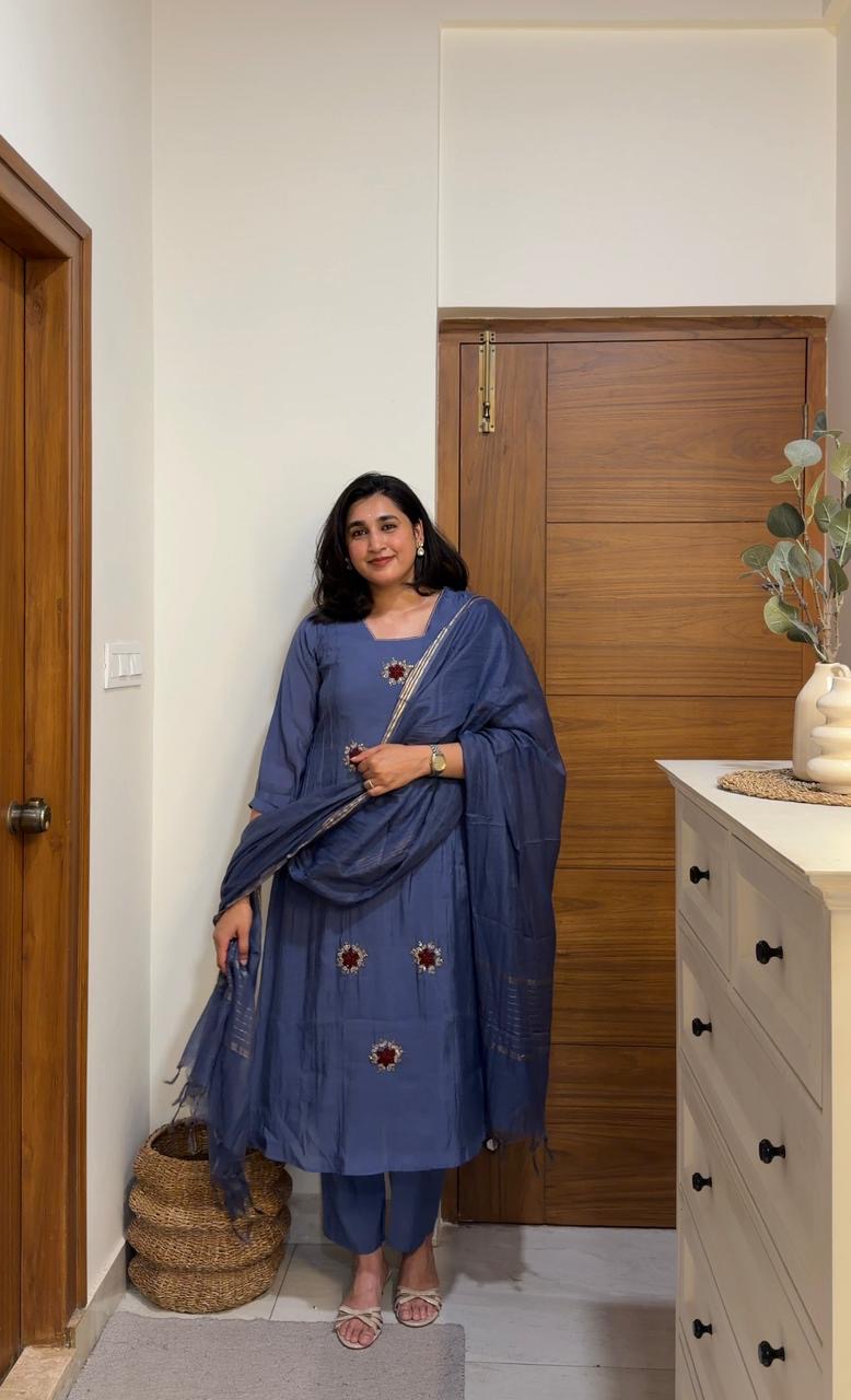 Blue Pure Mul Chanderi Hand Embroidery A-line Kurti With Pant and Dupatta -HSC1214