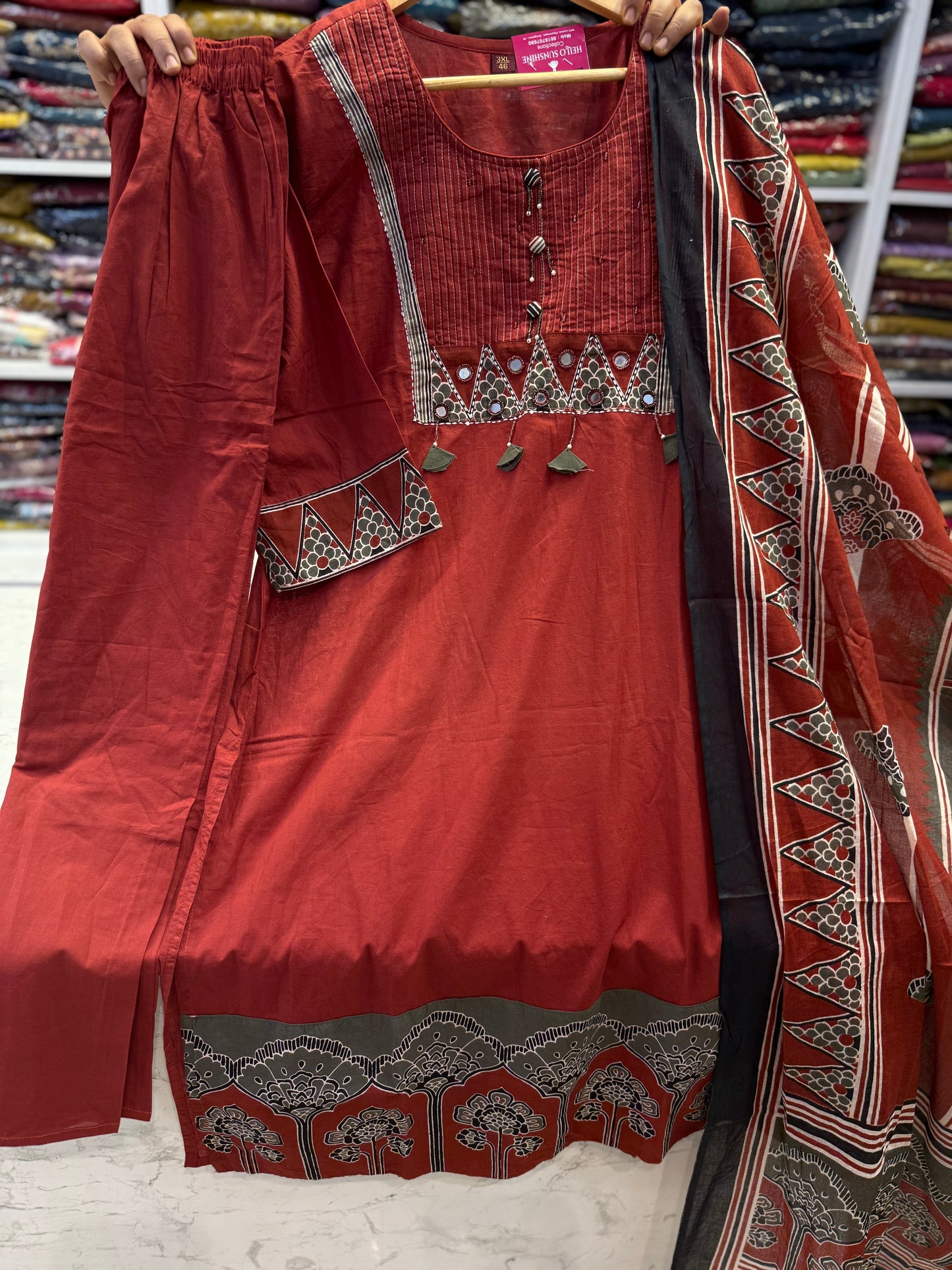 Marron Cotton Kurti With Pant and Dupatta