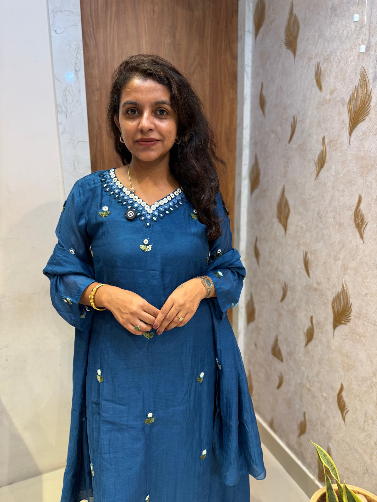 Ink Blue Pure Mul Chanderi Knotwork Embroidery Kurti With Pant and Dupatta -HSC1213