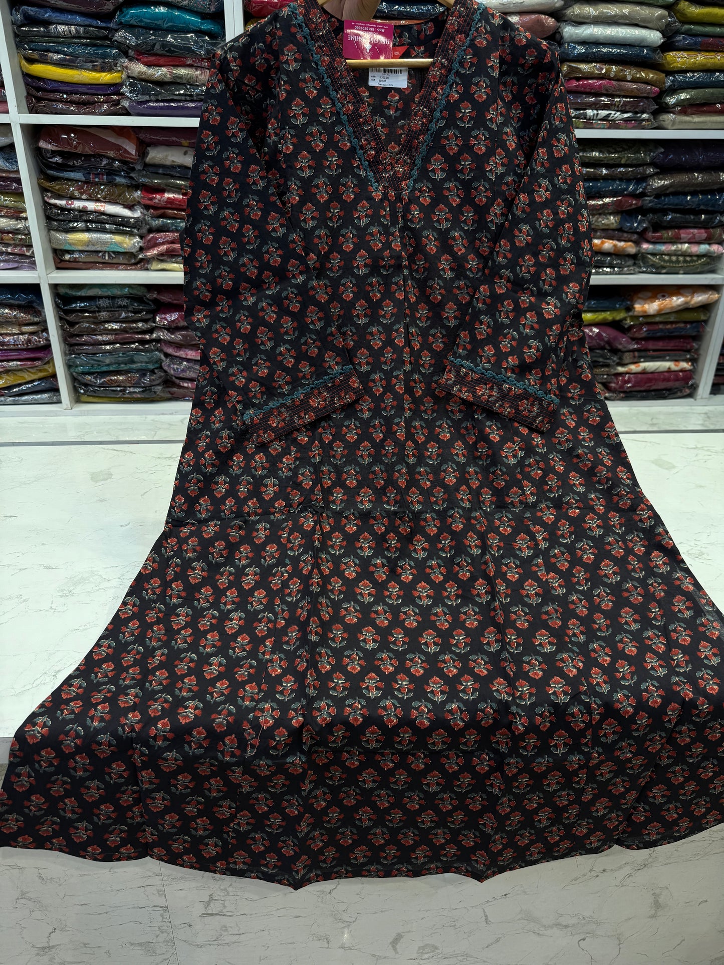 Black Natural Print Floral Pure Cotton Kurti