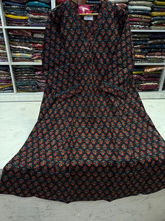Black Natural Print Floral Pure Cotton Kurti