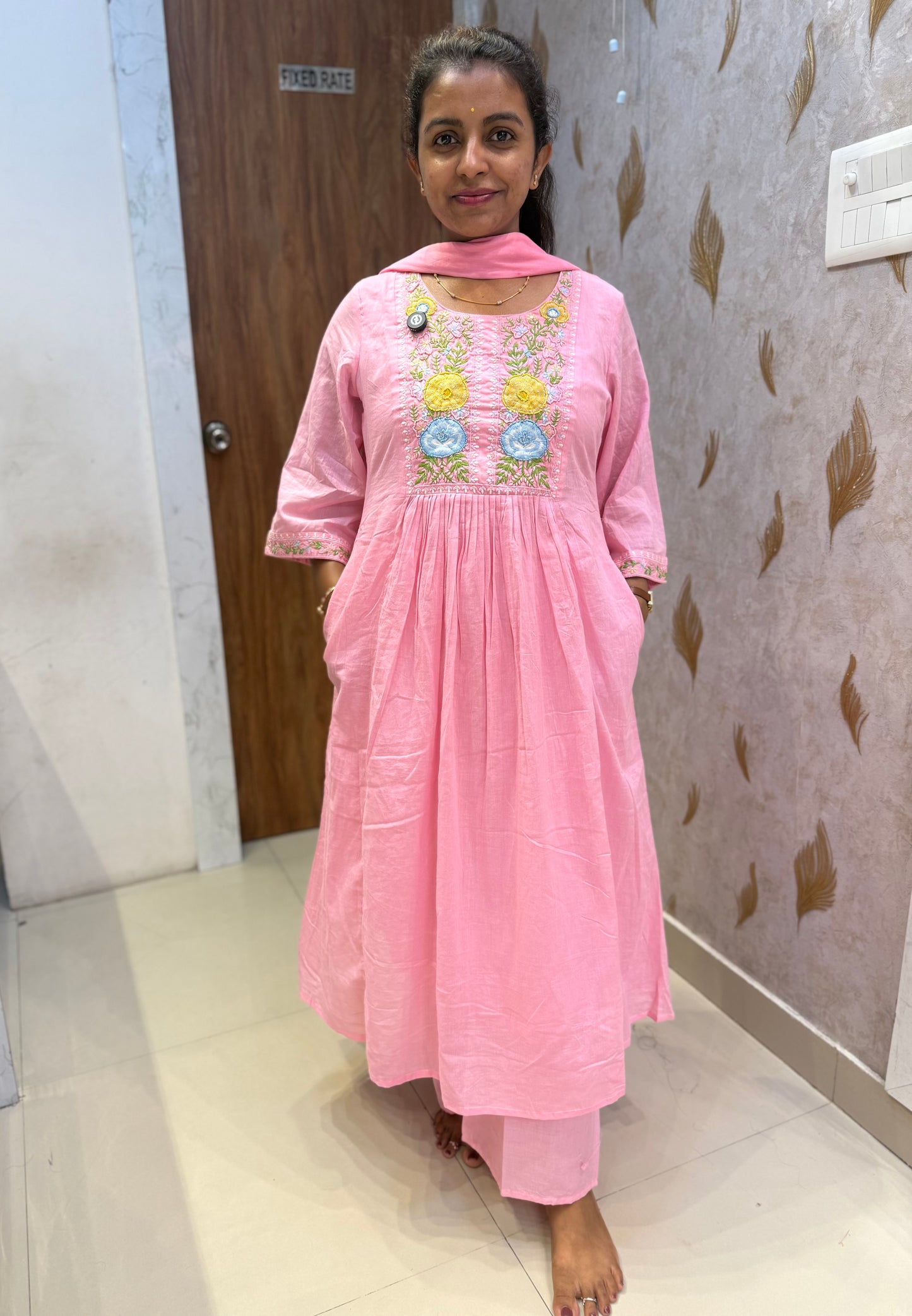 Baby Pink Pure Mul Cotton Embroidered Kurti With Pant and Dupatta-HSC133