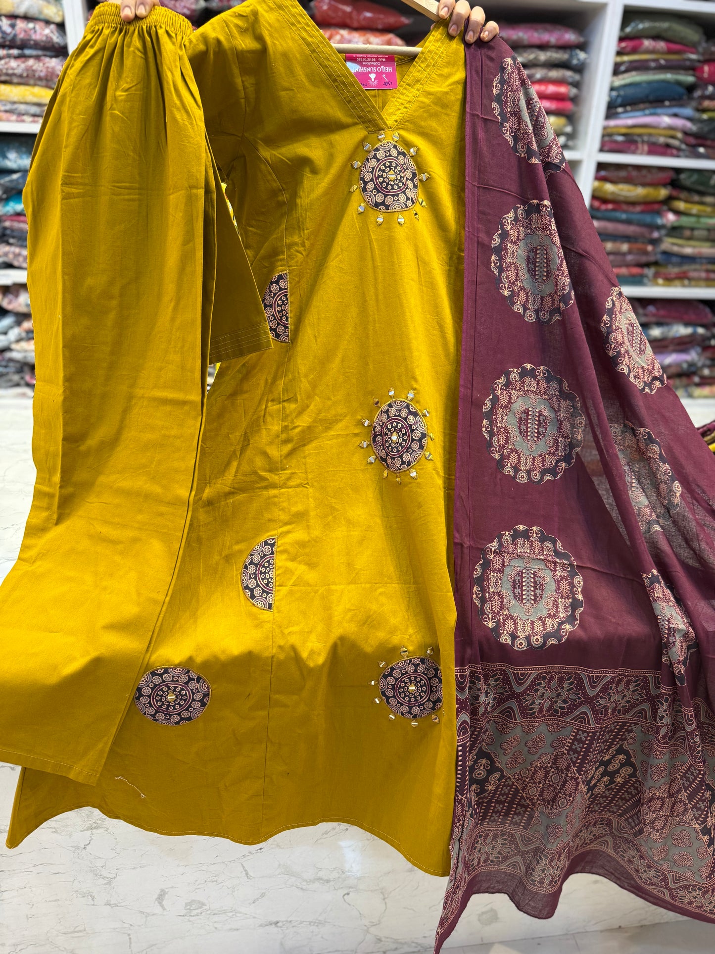 Mustard Applique Cotton Kurti With Pant and Dupatta-HSC126