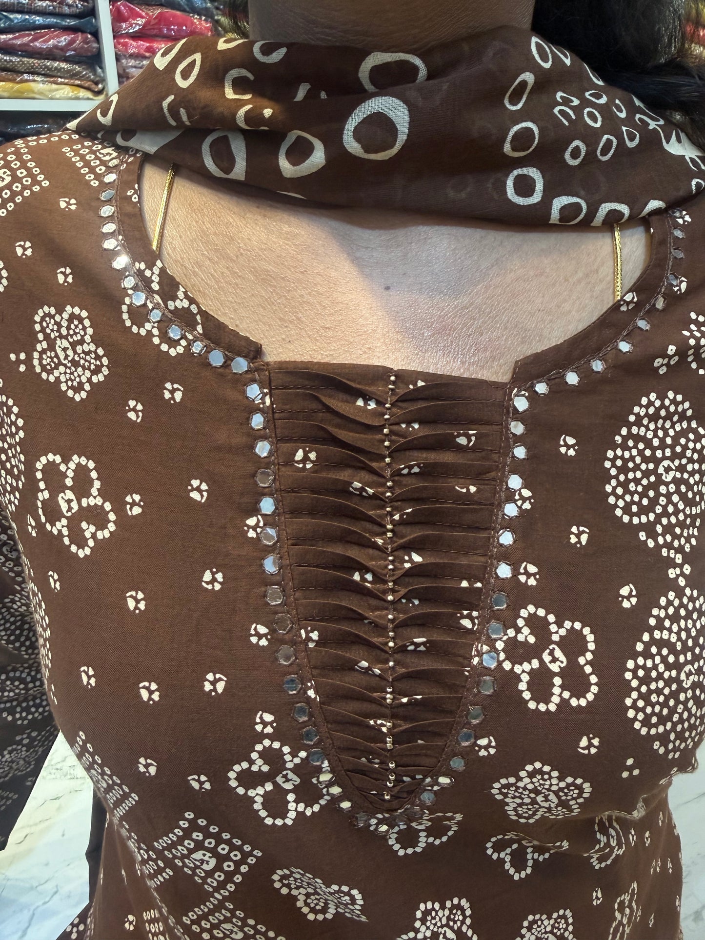 Brown Bandini Cotton Kurti With Pant and Dupatta-HSC124