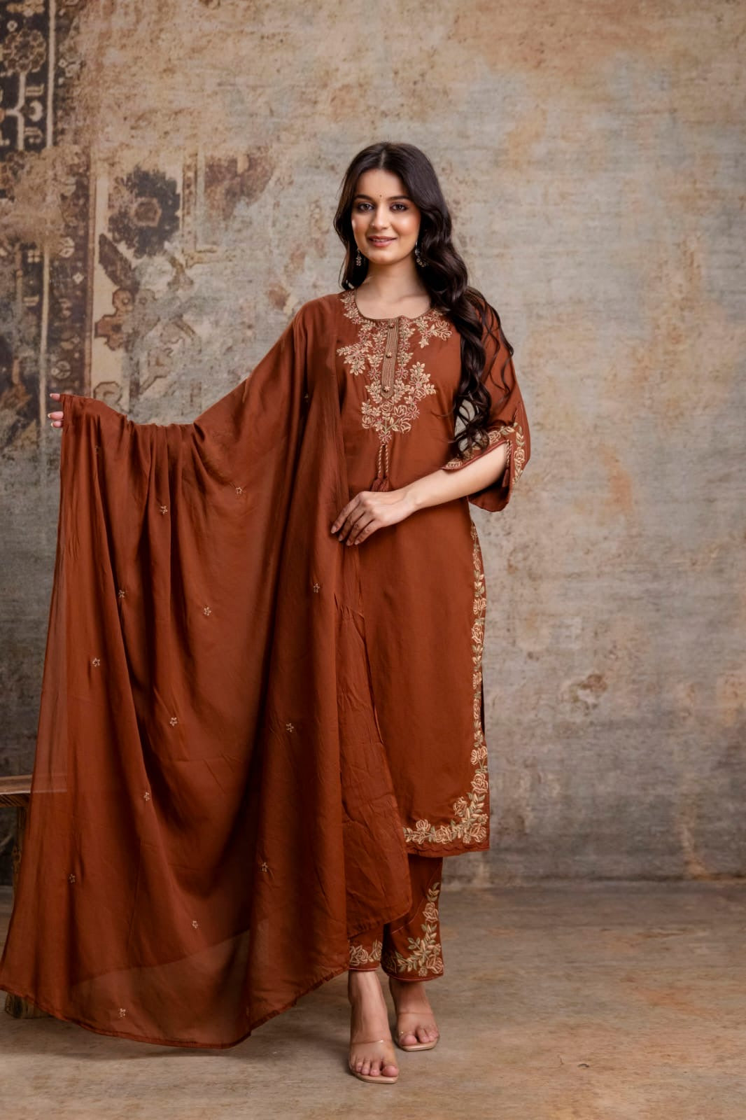 Brown Embroidery Pure Cotton Kurti With Pant and Dupatta - HSC1145