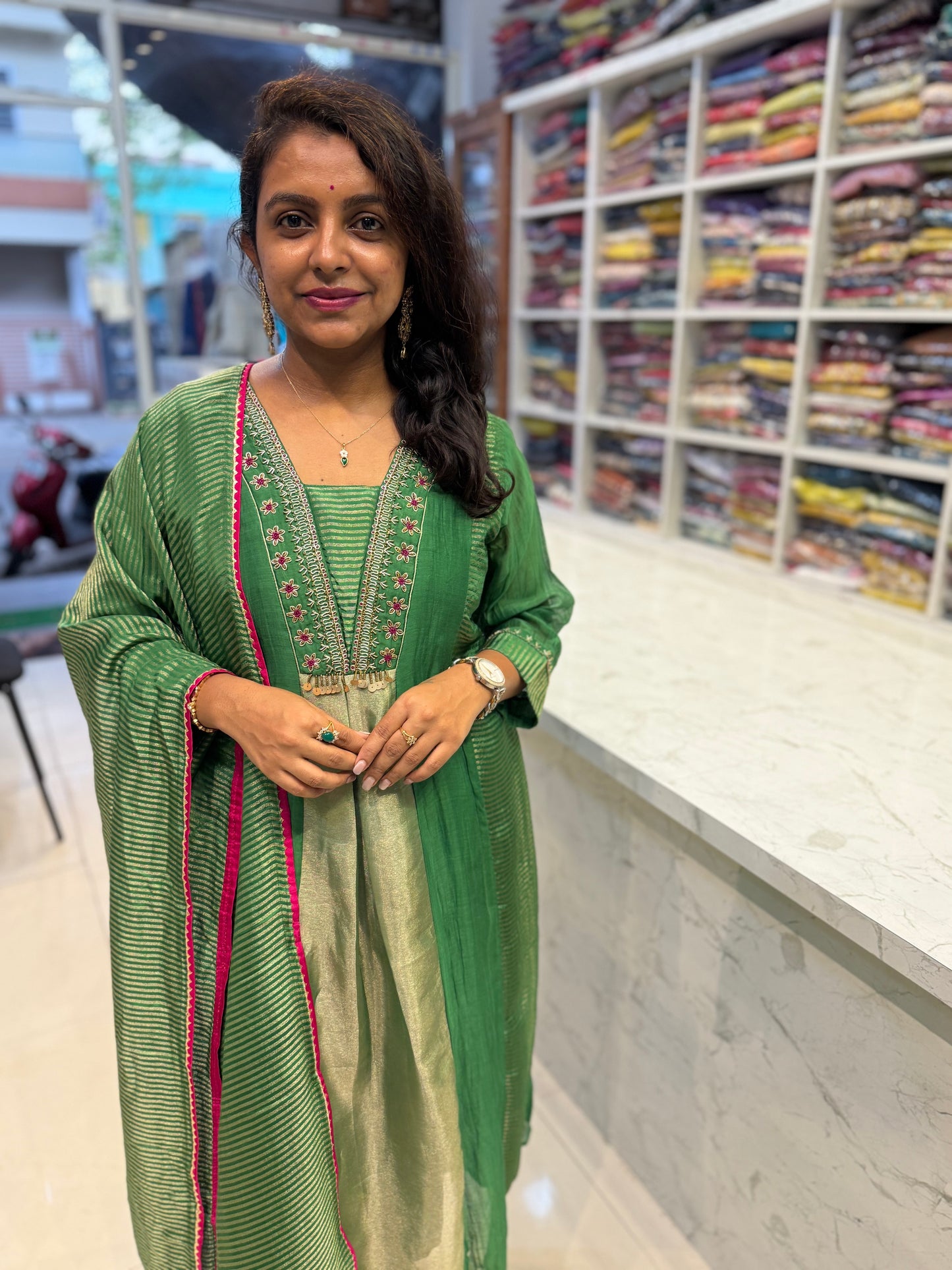 Green Pure Banarasi Mul Chanderi A-line Kurti With Pant and Dupatta-HSC167